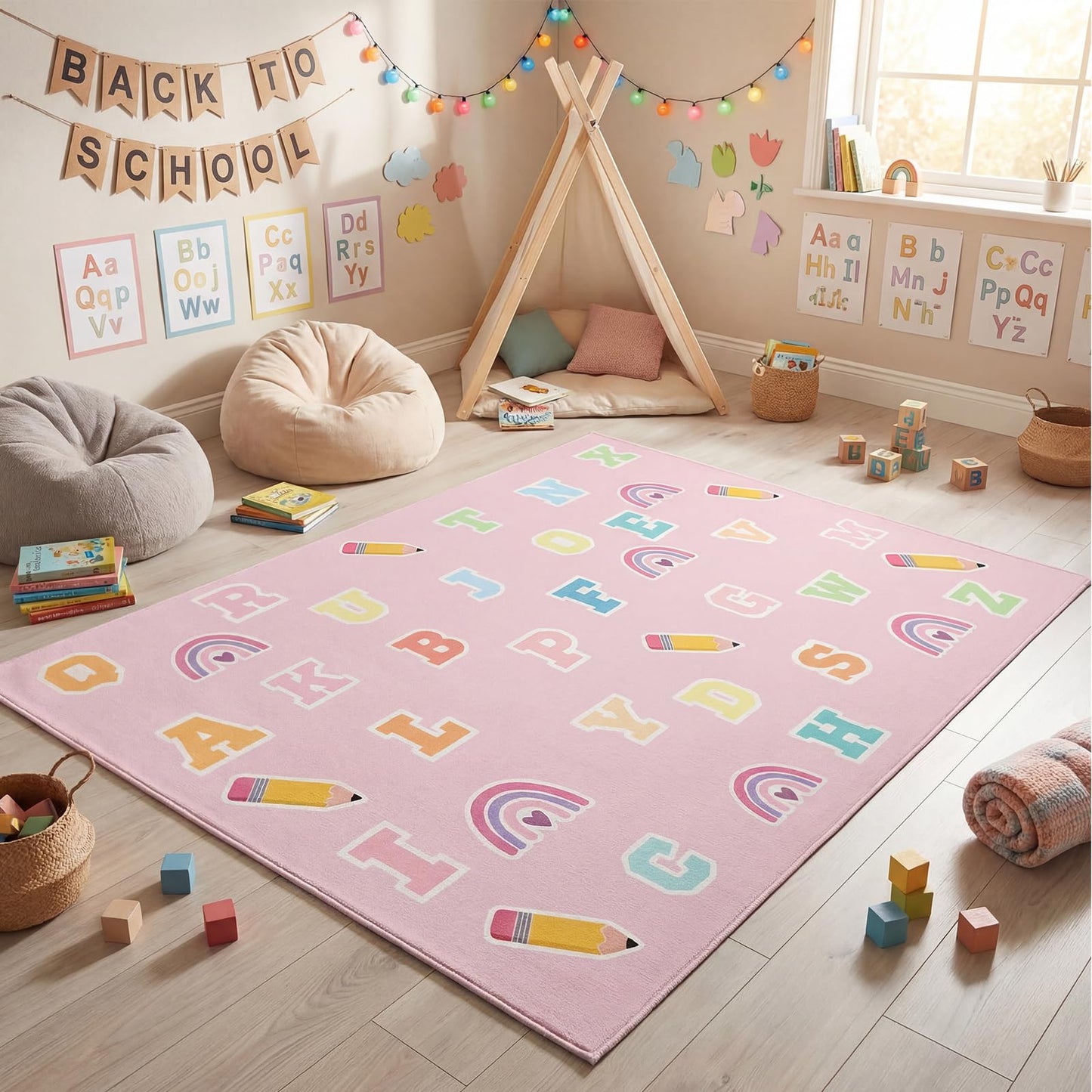 Breling 4 x 3.2 ft ABC Alphabet Rug, Pink Boho ABC Learning Rug for Toddlers, Educational Floor Mat Non-Slip Reading Corner Emotion Soft Fluffy for Classroom, Preschool, Playroom