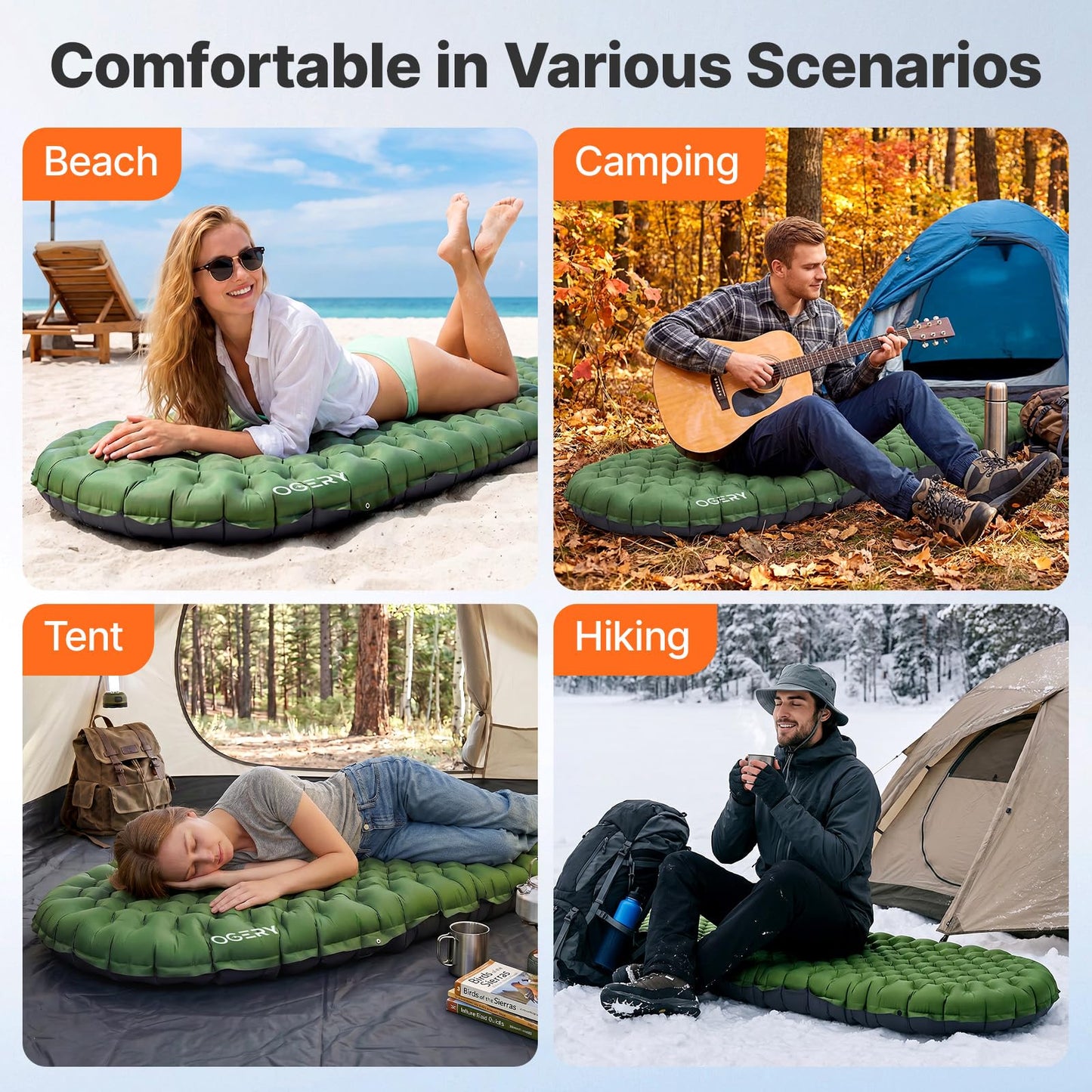 OGERY Sleeping Pad for Camping, R-Value 9.0 Insulated 4 Season Sleeping Mat, 4.7" Thick Ultralight Inflatable Camping Air Mattress with Pump Bag, Compact for Cold Weather
