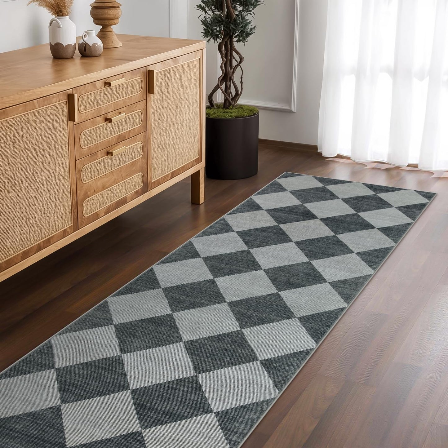 Beeiva Checkered Print Hallway Rug 2x6, Ultra Thin Kitchen Rug Runner Non Slip Washable Carpet Runners for Hallway 6ft, Modern Diamond Stain Resistant Floor Carpet for Bathroom Bedroom Entryway