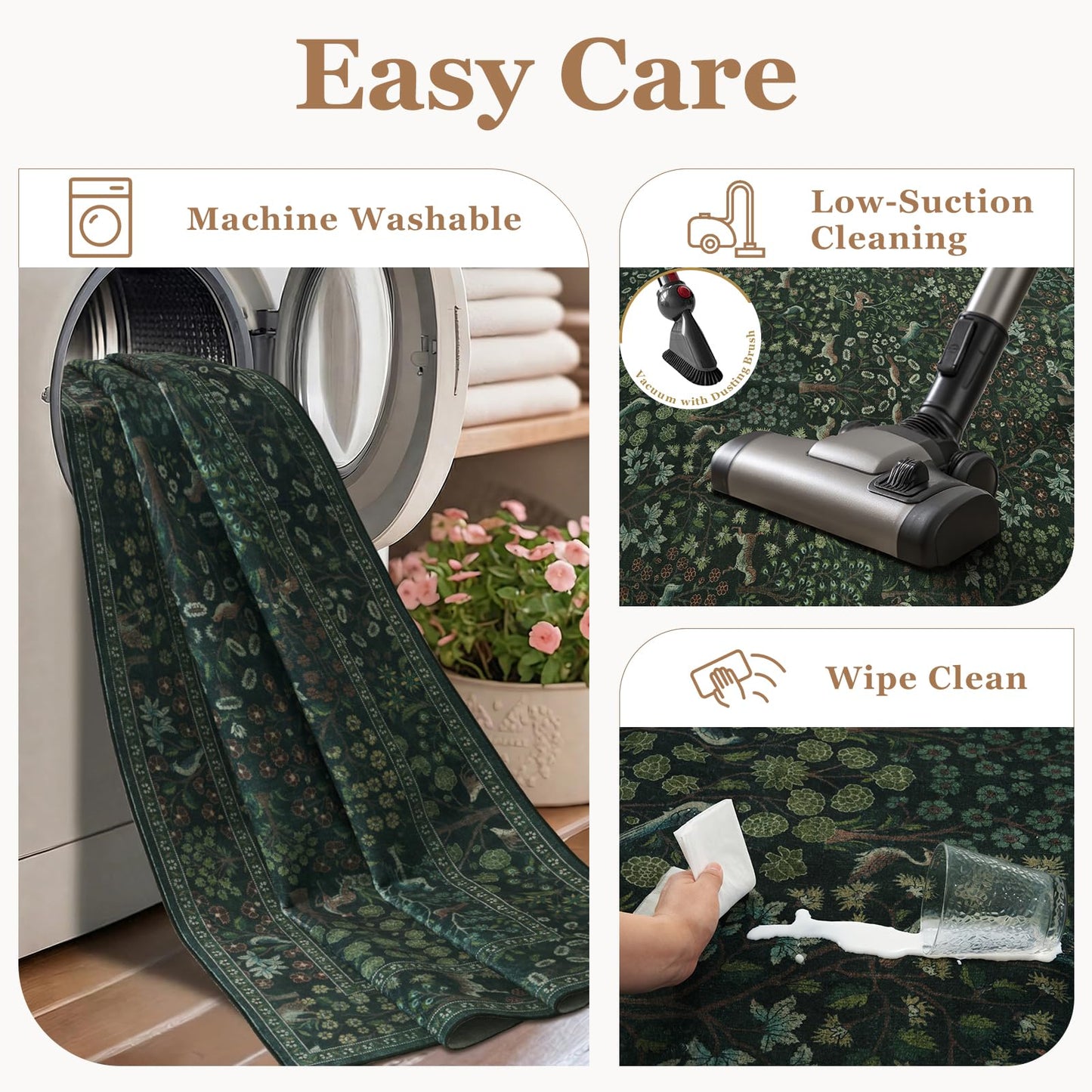 Jainmy Woodland Floral Animal 5x7 Washable Rugs for Living Room, Whimsical Tree of Life Natural Area Rug for Bedroom Nursery, Low Pile Thin Carpet Rugs for Dining Room Home Office Non Slip, Dark Green
