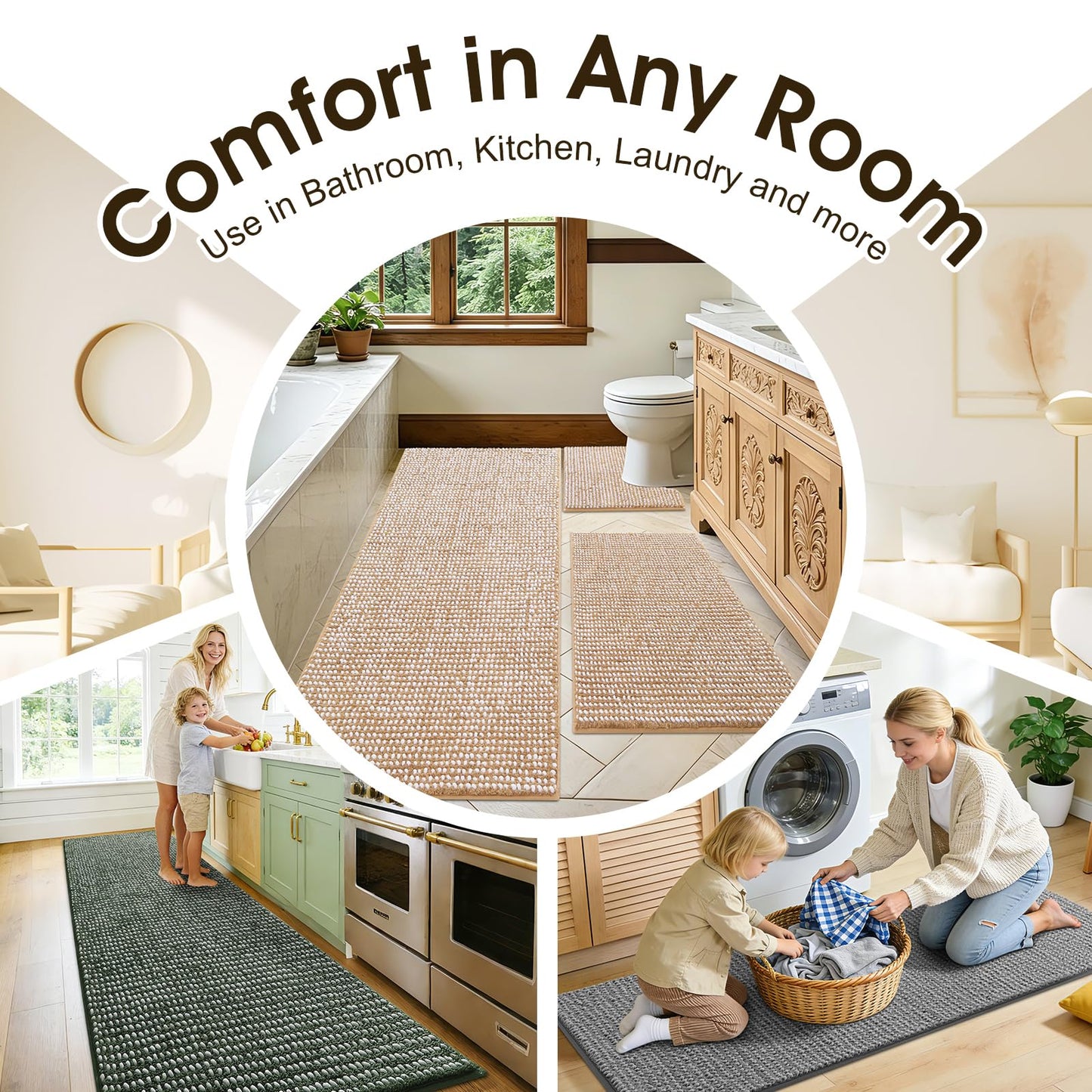 ACCUMTEK Chenille Spliced with Fluffy Cut Pile Absorbent Bath Mat, Thick Plush Bath Rug - Ultra Soft Skin-Friendly, Machine Washable Non-Slip Toilet Mat Set 3 Piece, Beige & White