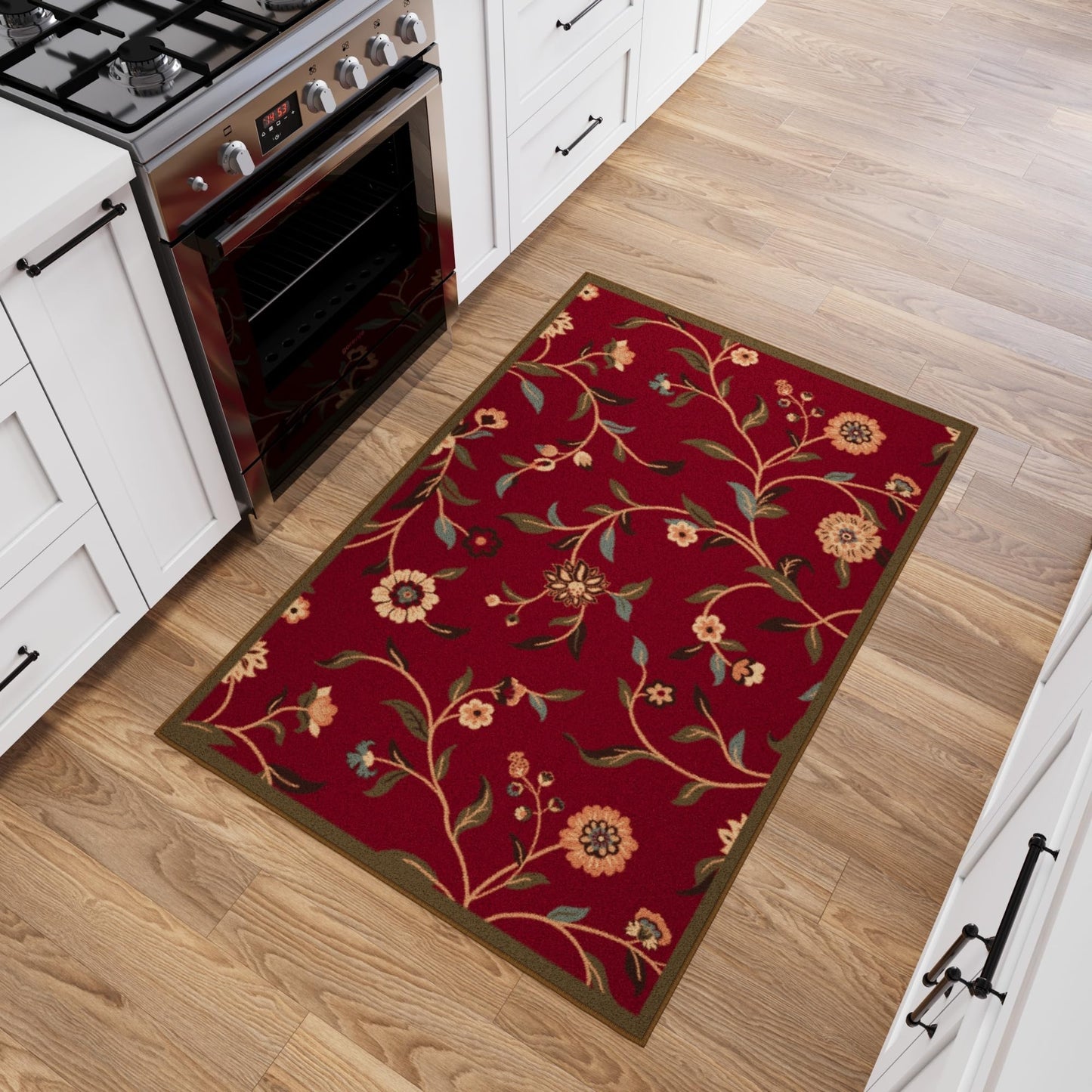 Ottomanson 3'3" x 4'7" Rugs for Living Room Floral Area Rug for Bedroom - Non Slip Durable Large Floor Carpet for High Traffic Areas - Indoor Rug for Dining Room Kitchen Kids Playroom, Red