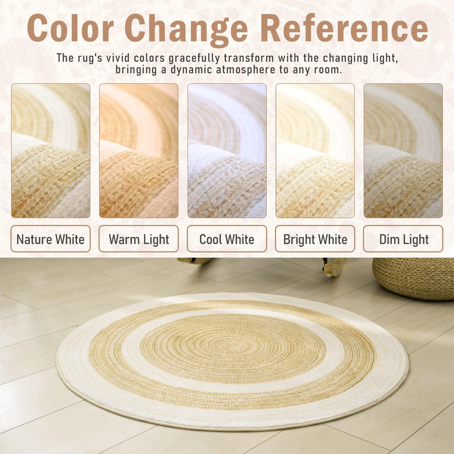Carvapet 4 ft Round Washable Rug, Imitation Jute Low Pile Circle Carpet with Non Slip Rubber Backing, Foldable Stain Resistant Area Rug for Living Room Bedroom Office Bathroom