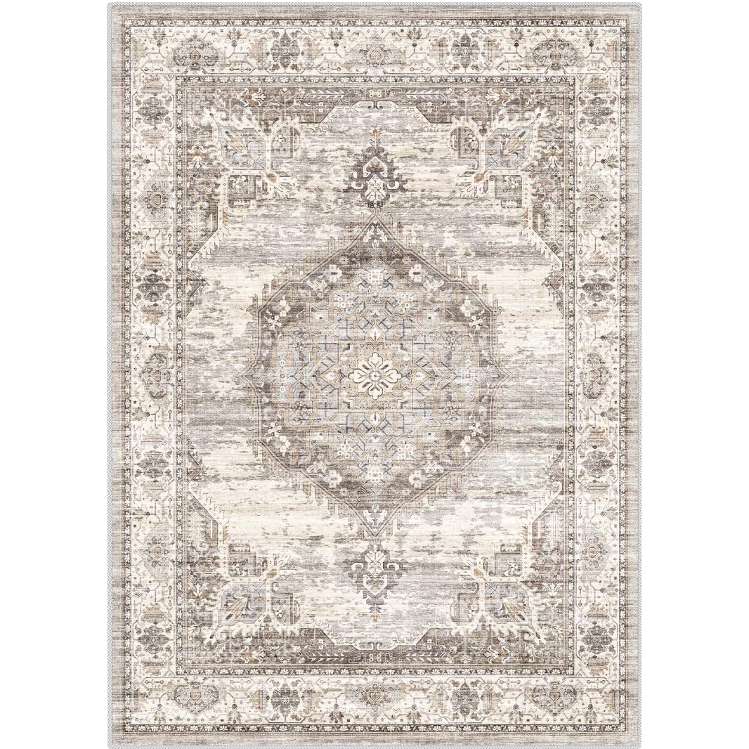 Washable Living Room Area Rug:8x10 Bedroom Rugs - Farmhouse Distressed Printed Floral Carpet - Foldable Non-Shedding Floor Carpet for Dining Room 8'x10' Beige
