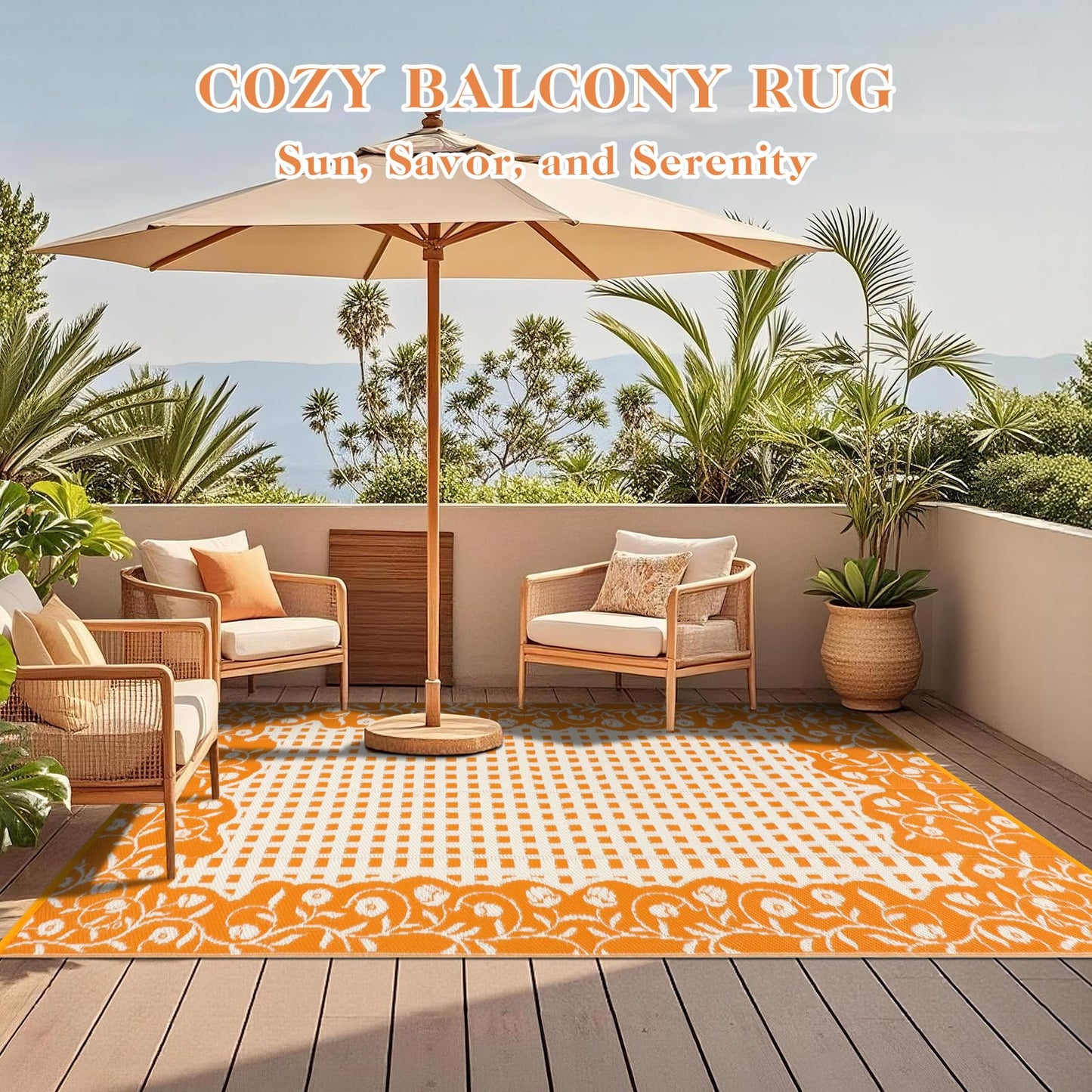 nesrt Waterproof Outdoor Rug 5x8ft, Reversible Plastic Straw Patio Mats, Portable Floral Camping Rug, Indoor Foldable RV Carpet Mat for Deck Porch Balcony Backyard Picnic (Orange/White)