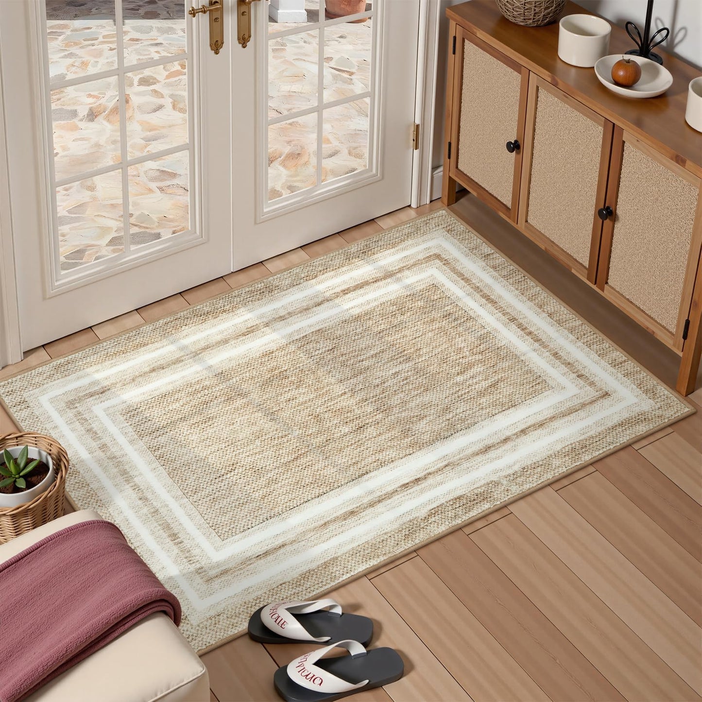 OJIA Modern Bordered Washable Rug 3'x5', Printed Non Slip Rug for Living Room Soft Bedroom Entry Mat Non-Shedding Accent Carpet Indoor Door Mat Small Carpet for Entryway Kitchen Bathroom Office