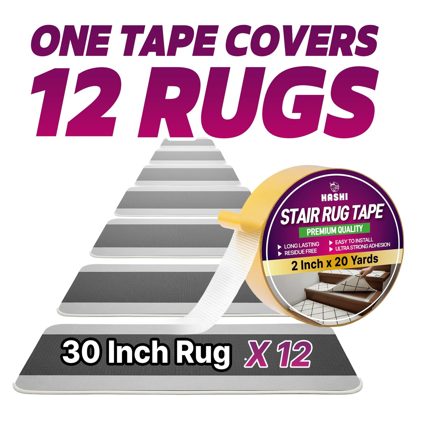 HASHI Double Sided Stair Tread Tape (2" x 20 Yards), Heavy Duty Non Slip Rug Gripper for Carpet & Runners, Safe for Hardwood Floors