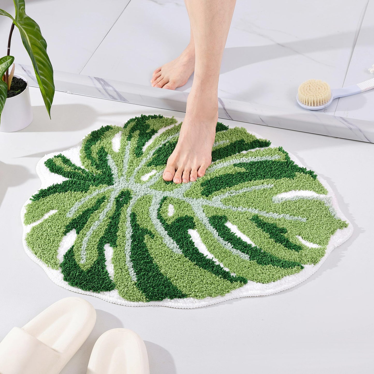 Panstar Green Leaf Mat, Large Monstera Cute Non Slip Palm Shaped Plush Fun Kitchen, Bathroom Bathtub Rugs Machine Washable