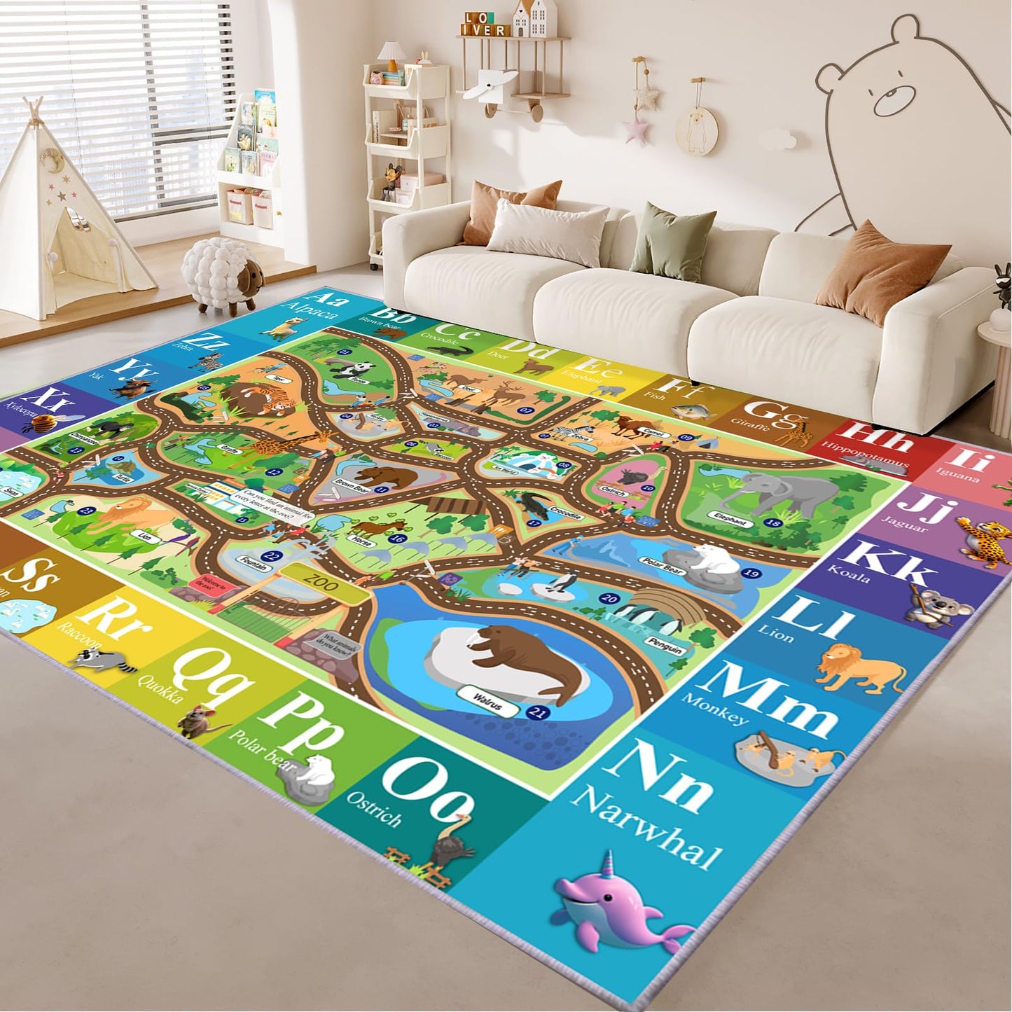 MOFAZEE Zoo map Carpet, 2'8"×4' English Letter Carpet, Washable ABC Rug for Kids Room, Non-Slip Alphabet Play Mat with Animal Illustrations, for Classrooms/Home Learning Areas