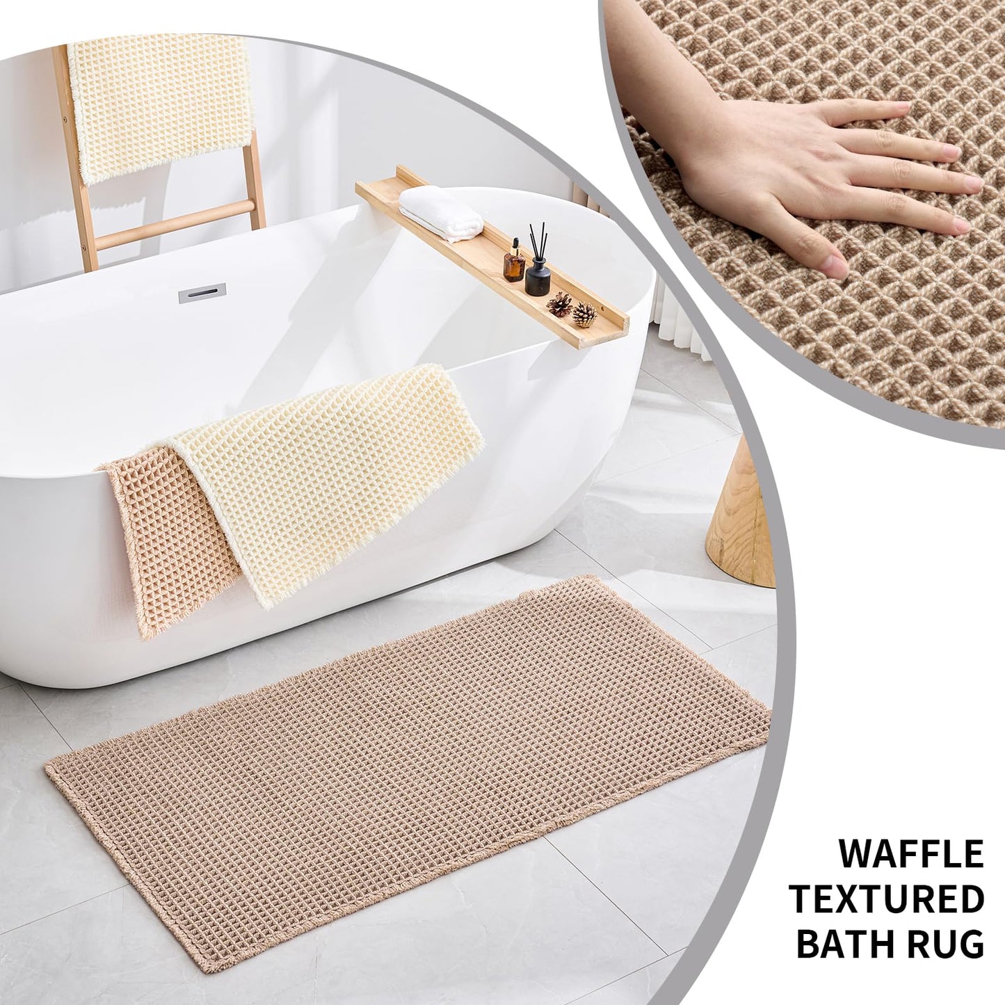 Disolla Waffle Bath Mat, Non Slip Absorbent Small Bathroom Rug, Machine Washable Quick Dry Ultra Soft Bathroom Floor Mat, Brown/White Bath Rug for Tub Shower, 17''x24''