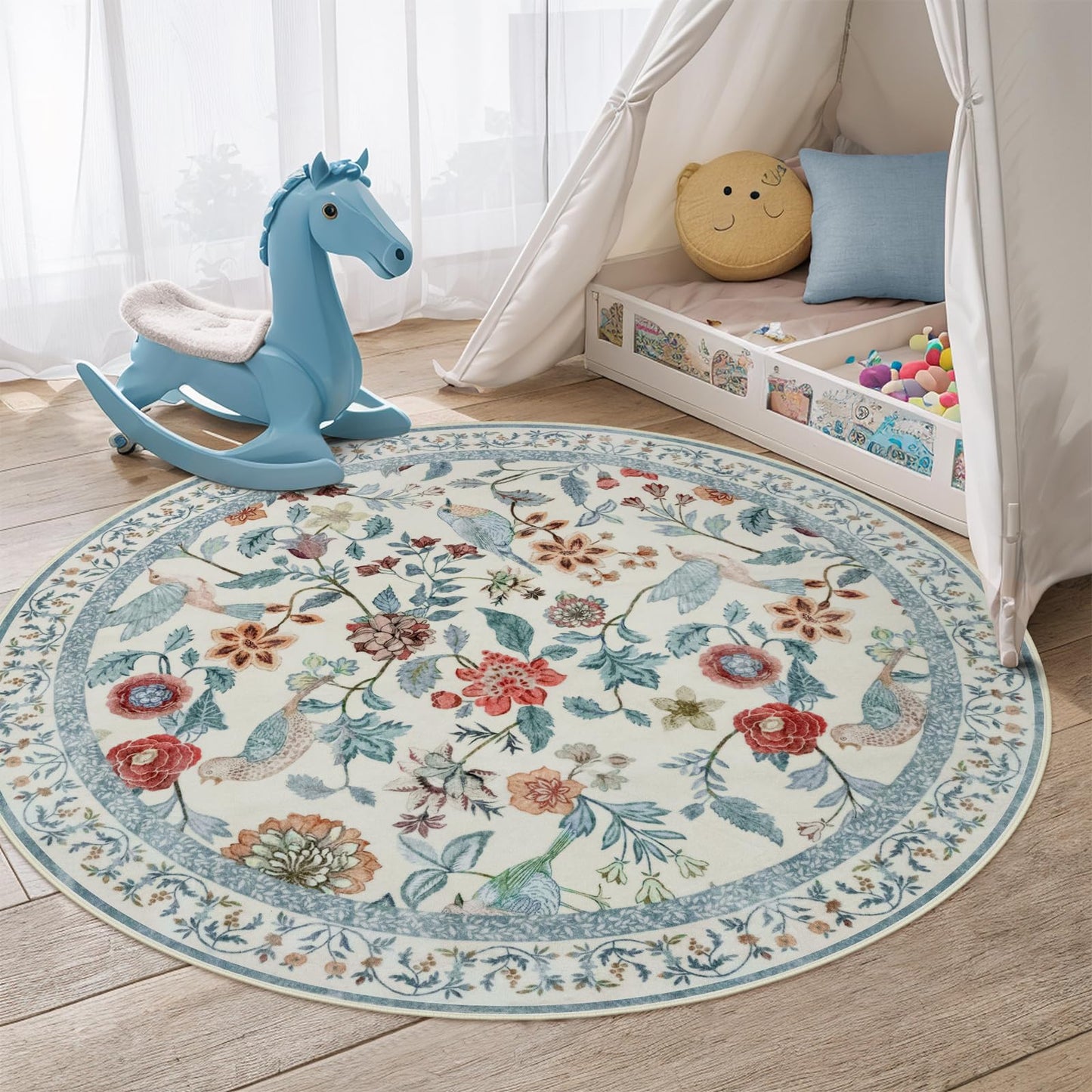 Rugalia Blue Floral Round Rugs 4ft, Washable Boho Circle Rug for Girls Bedroom, Soft Non-Slip Botanical Nursery Circular Carpet, Modern Flower Birds Throw Rug for Kids Room Living Room