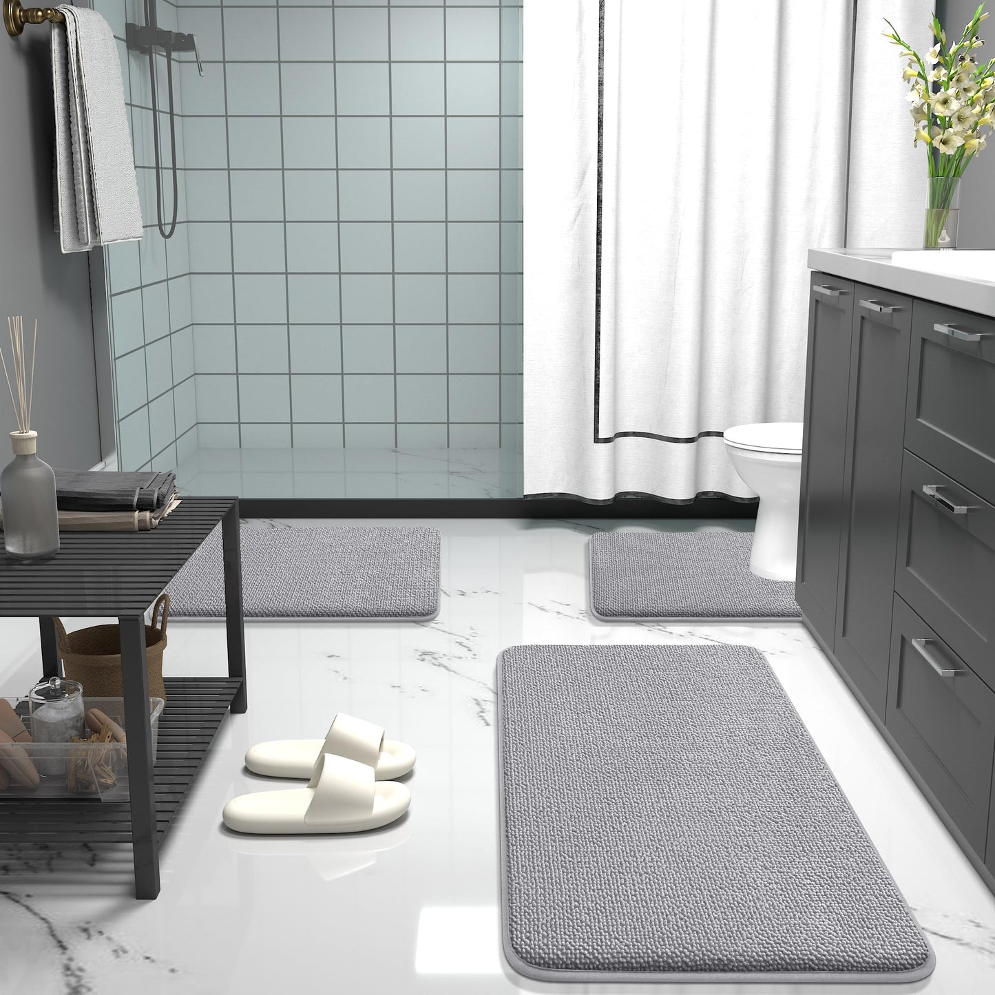 OLANLY Bathroom Rugs Sets 2 Piece, Soft Absorbent Memory Foam Bath Rug Set, Non-Slip, Quick Dry, Machine Washable Bath Mats for Bathroom, Home Decor Accessories (30"x20"+24"x16", Grey)