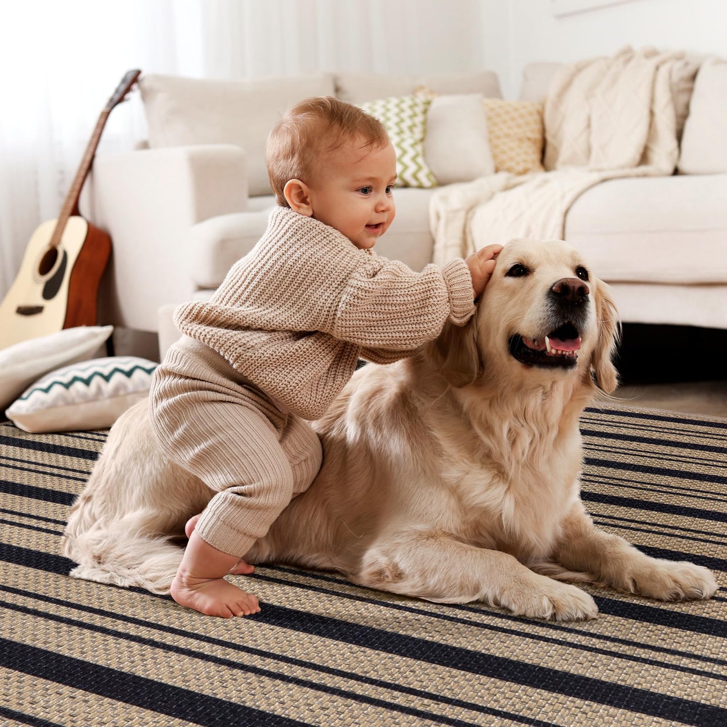 Tangsoo Stripe Easy Jute Rug 4x6 for Paito,Thin Non-Slip Indoor Outdoor Black Door Carpet,Washable Farmhouse Throw Mat for Front Porch Kitchen Bedroom Foyer