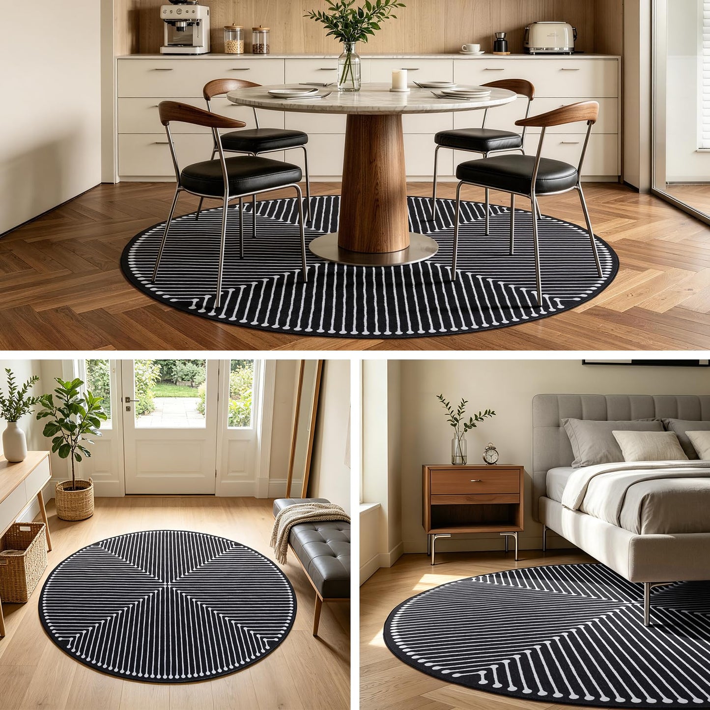 YIHOUSE Modern Washable 6ft Round Rug for Living Room, Black 6x6 Circle Rugs for Bedroom Non Slip Non Skid, Soft Striped Carpet for Dining Room Playroom Home Office Decor