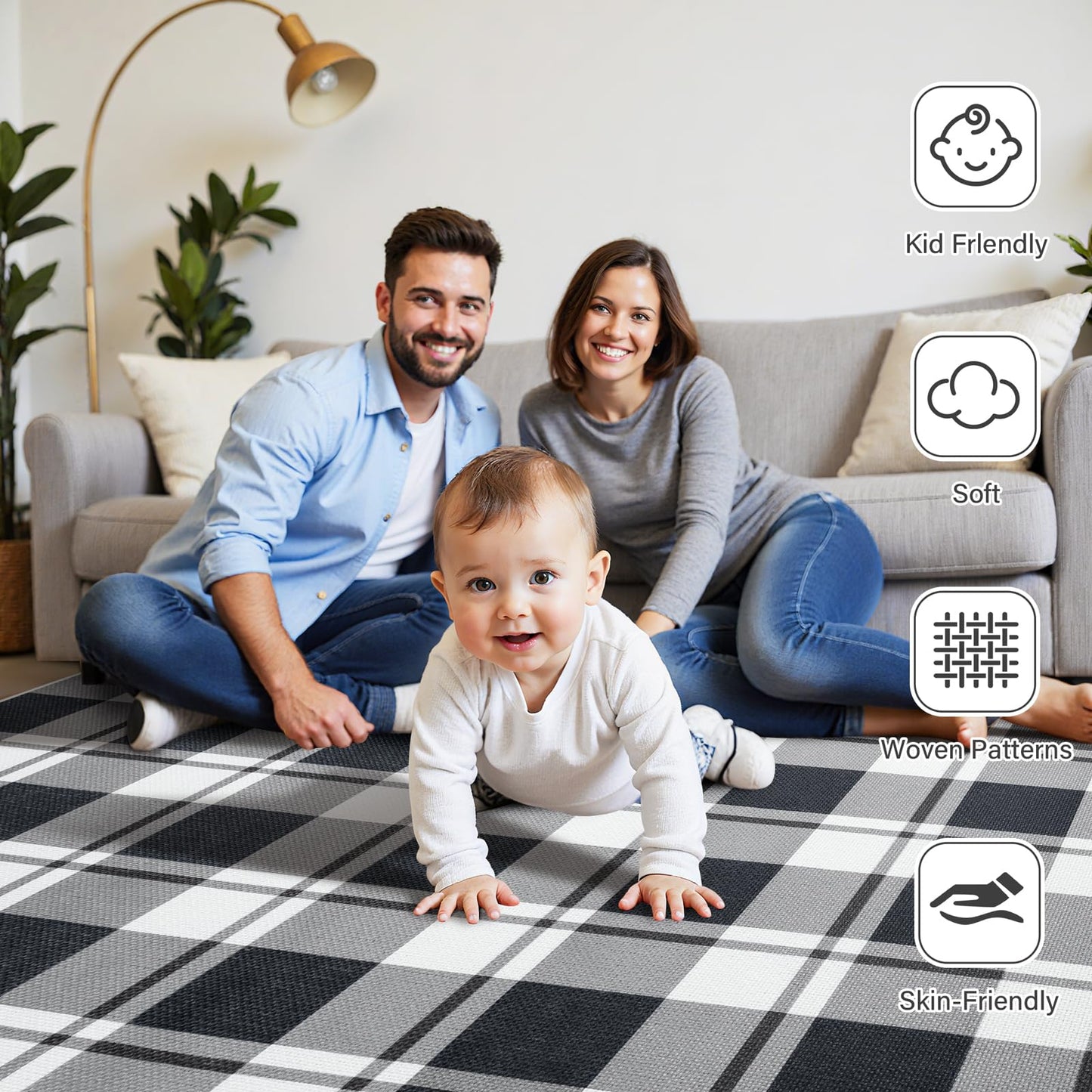 AROGAN Checkered Jute 4x6 Area Rugs, Washable Outdoor Patio Rug for Living Room Entrance Indoor Outdoor Carpet, Farmhouse Design Neutral Geometric Rugs for Front Porch Mat Dining Room