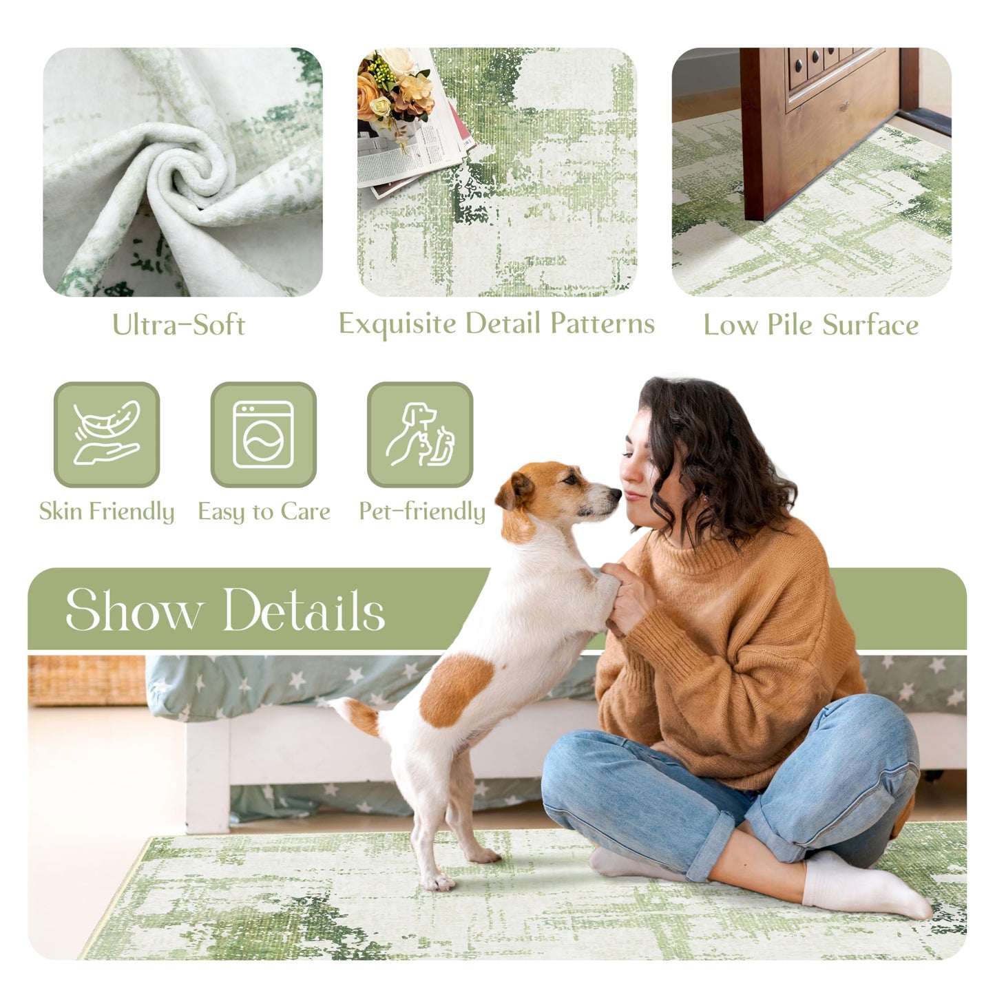 Castage Green Rug 3x5 Washable Area Rugs for Bedroom Living Room Kitchen Entryway Bedside,Modern Abstract Non Slip Small Carpet