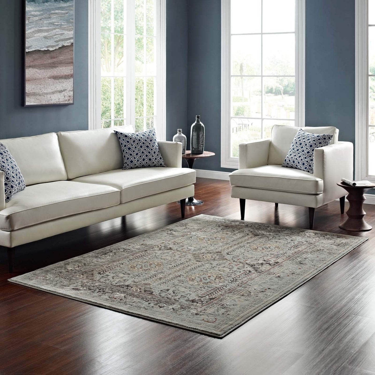 Modway Enye Distressed Vintage Floral Lattice 8x10 Area Rug in Brown and Silver Blue
