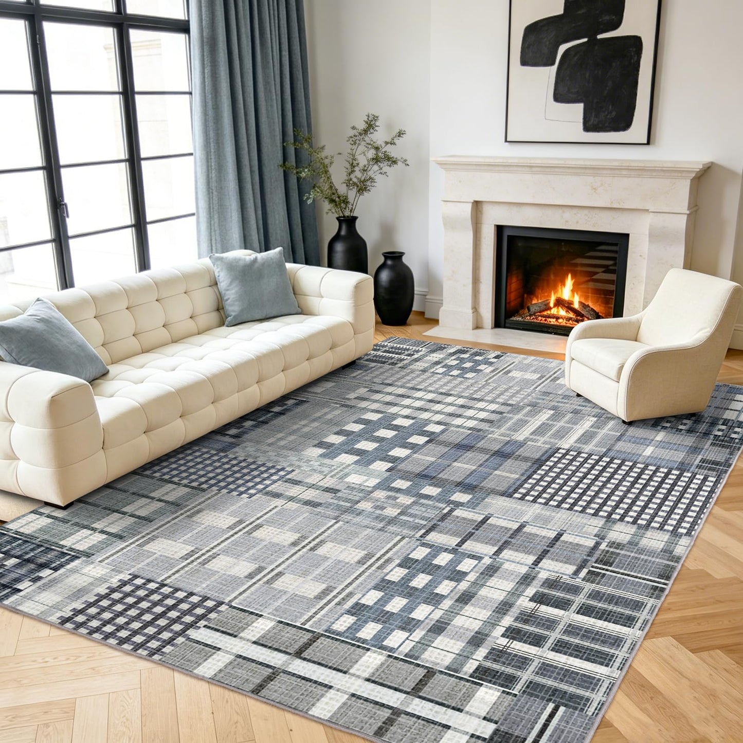 Rezutan Modern Geometric Plaid Indoor Area Rug for Living Room, Blue Gray Distressed 4X 6 Ft Large Rug Hardwood Floors Decor for Bedroom, Throw Carpet for Office Dining Room