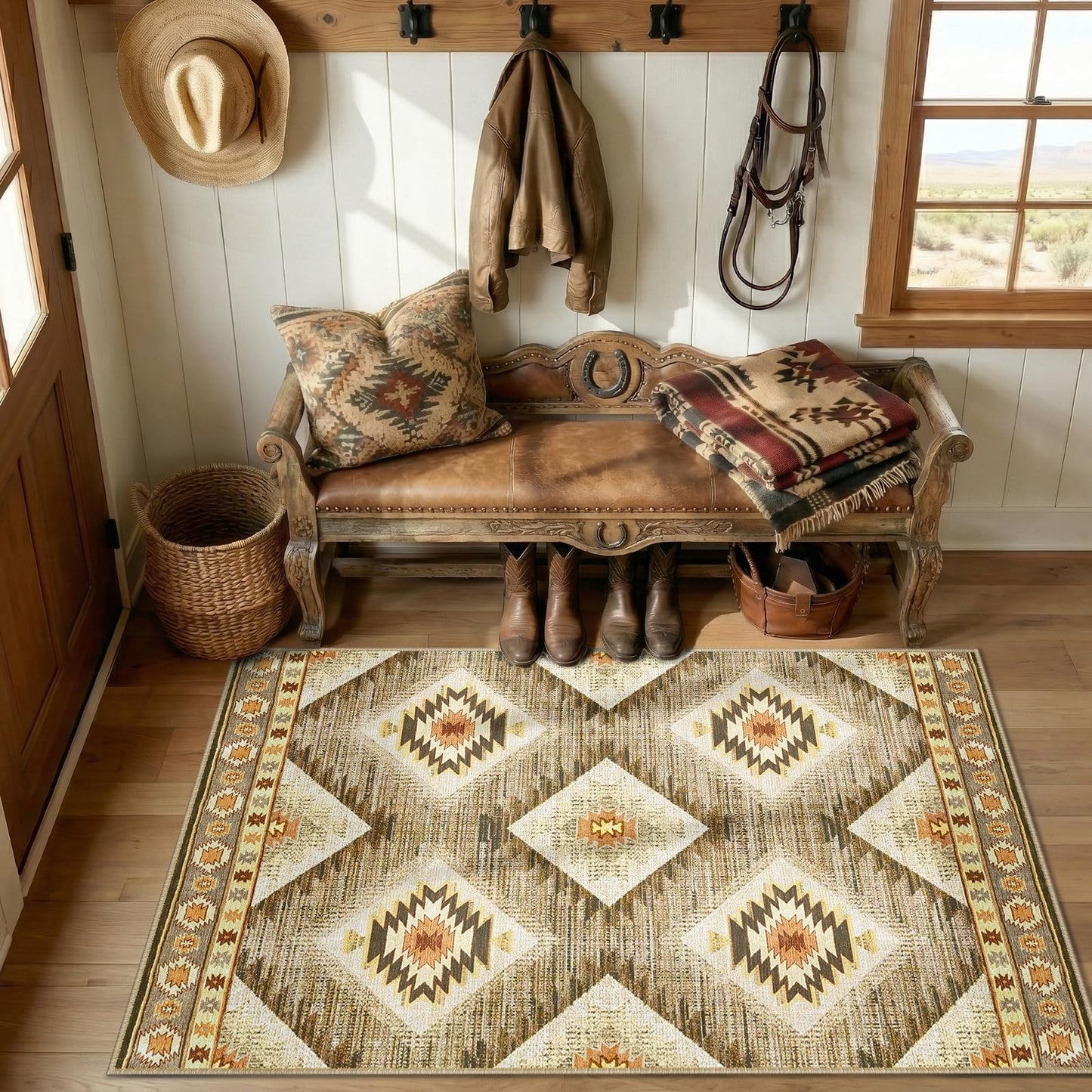 Area Rug 8x10 Rug Machine Washable Non-Slip Low Pile Print Pattern Western Rug for Living Room Bedroom Entryway Tribal Series -Cream/Camel