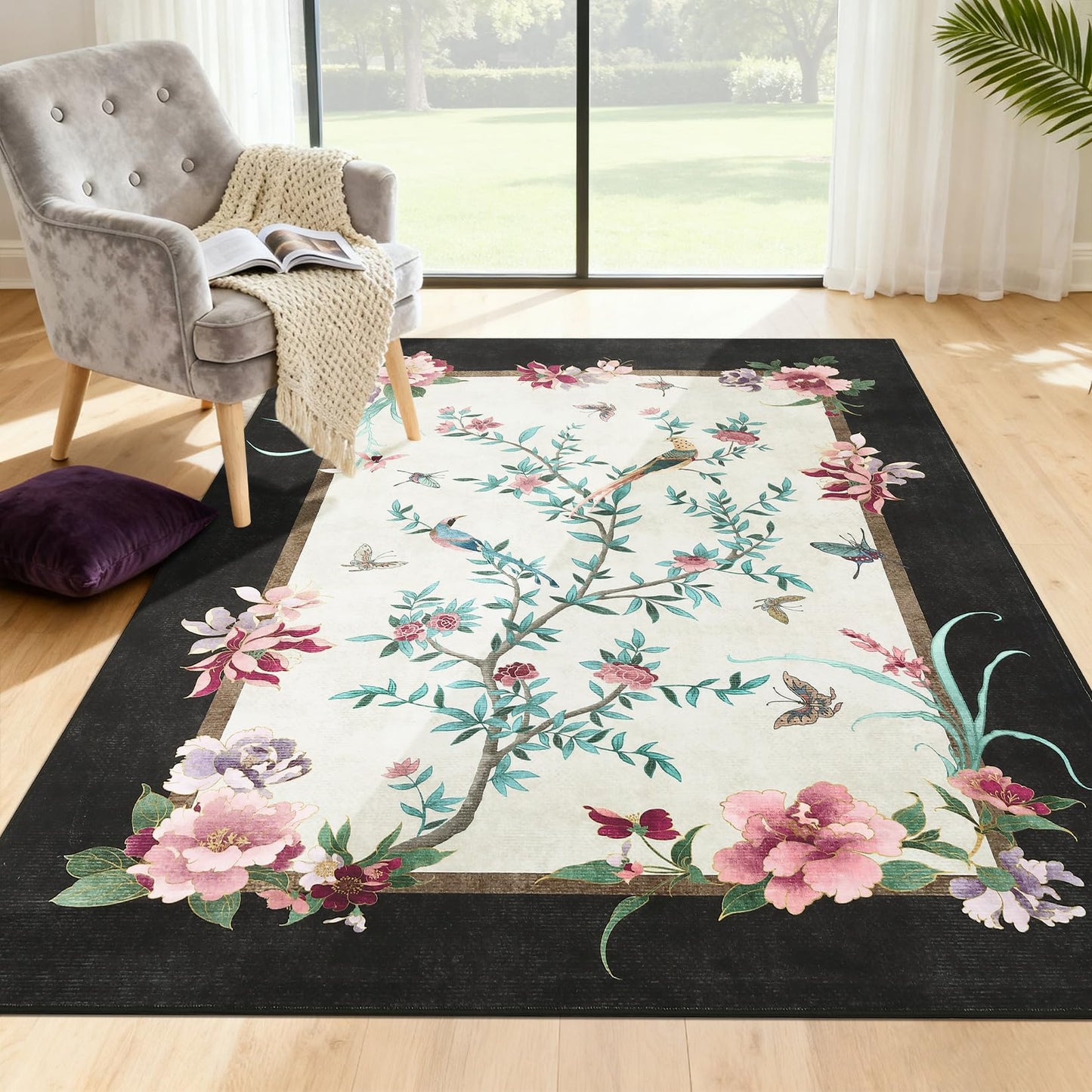 GarveeHome 5x7 Area Rugs Chinoiserie-Style Washable Rugs 5x7 Oriental Colorful Butterfly Birds Floral Rug Non Slip Low Pile for Kids Living Room Bedroom Nursery Dining, Black