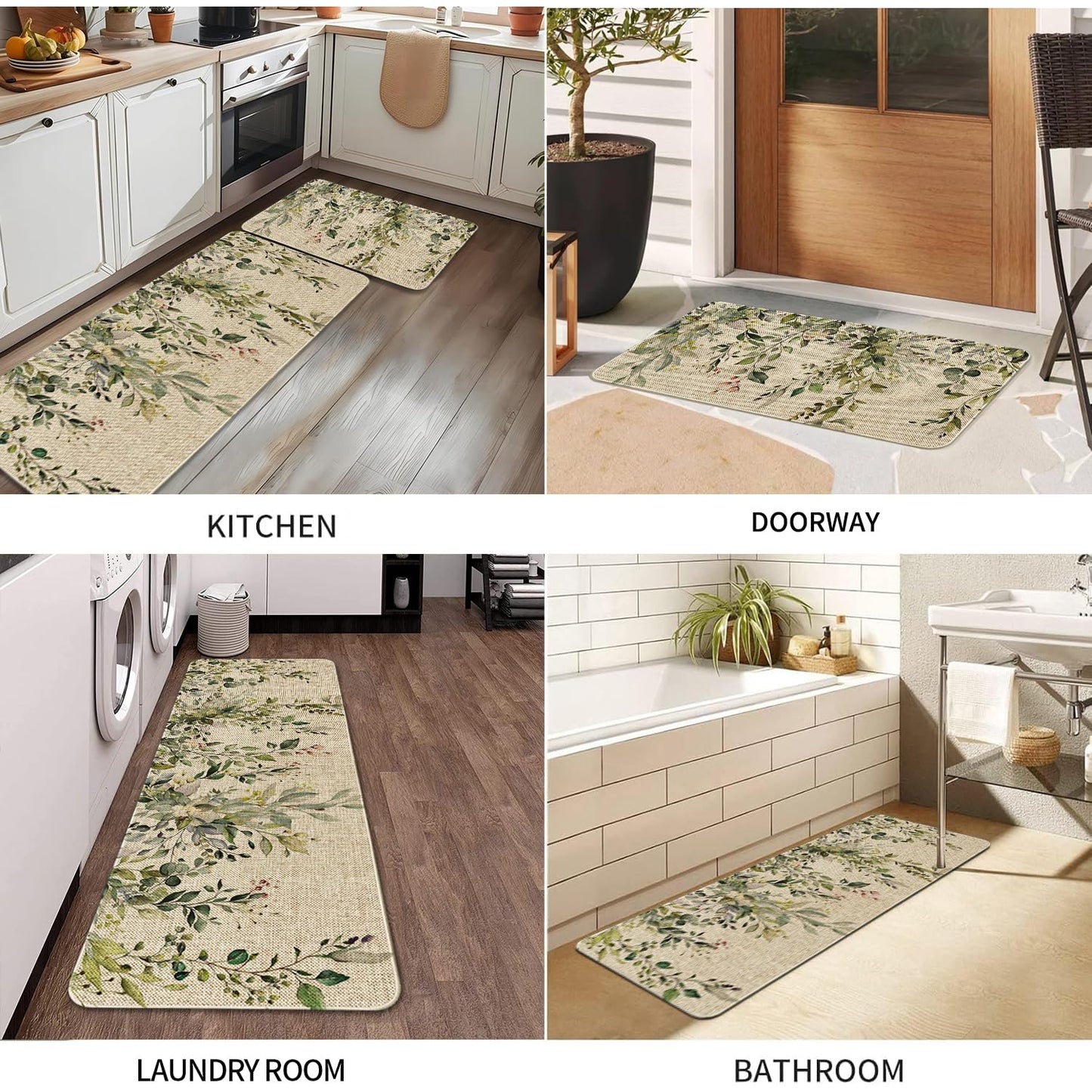 HSOWKDN Sage Green Eucalyptus Spring Kitchen Rugs Sets of 2 Non Slip Washable, Botanical Leaves Summer Spring Kitchen Mats for Floor 2 Piece Home Decor