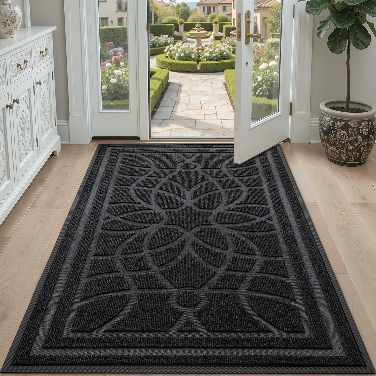 DEXI Front Door Mat Outside Entrance, 4x6ft Large Heavy Duty Non Slip Low Profile Doormat for Entryway, Trap Dirt and Moisture Welcome Mats, Easy Clean, Patio, Garage, Black