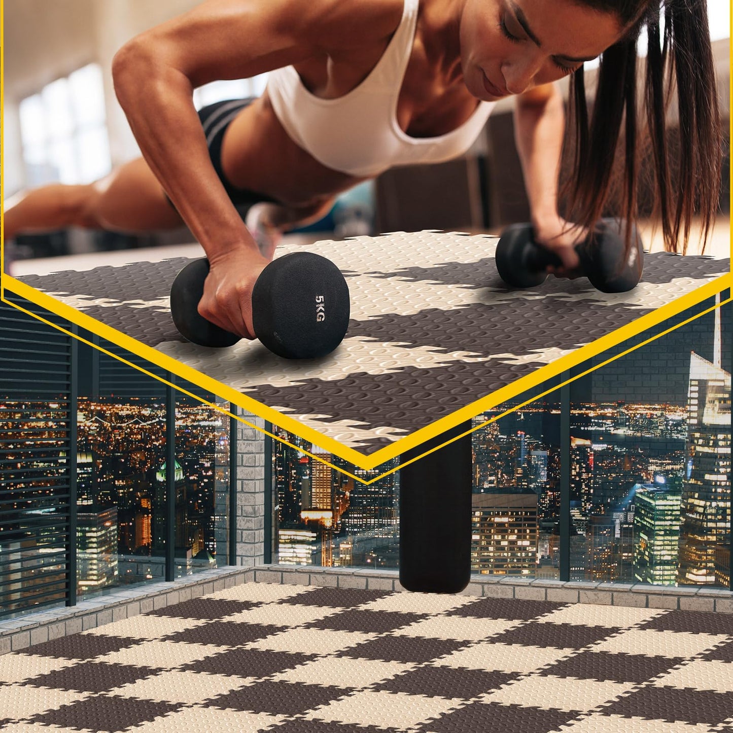 Ecally 100 Pcs 12 x 12 Gym Mat Foam Floor Mats for Home Gym Covers 96 Sq Ft Puzzle Exercise Square Interlocking Carpet Tiles with Border for Workouts Equipment Yoga Pilates (Beige,Brown)