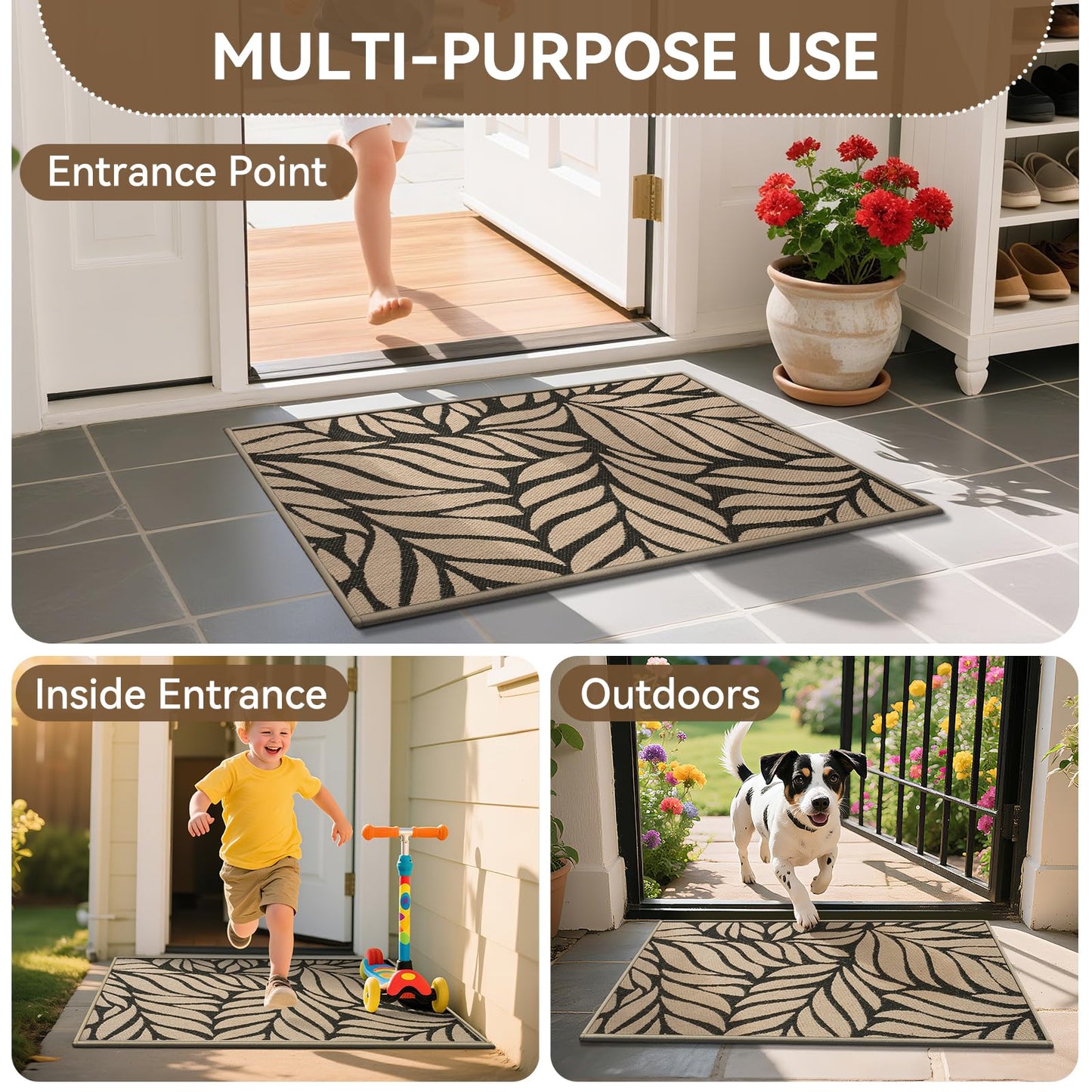 QiCaiJia Door Mat Indoor Outside Entrance 24"x35", Low-Profile Non Slip Outdoor Inside Front Doormat Entryway Mat, Dirt Resistant Absorbent Porch Welcome Entry Mats, Washable Easy Clean, Brown