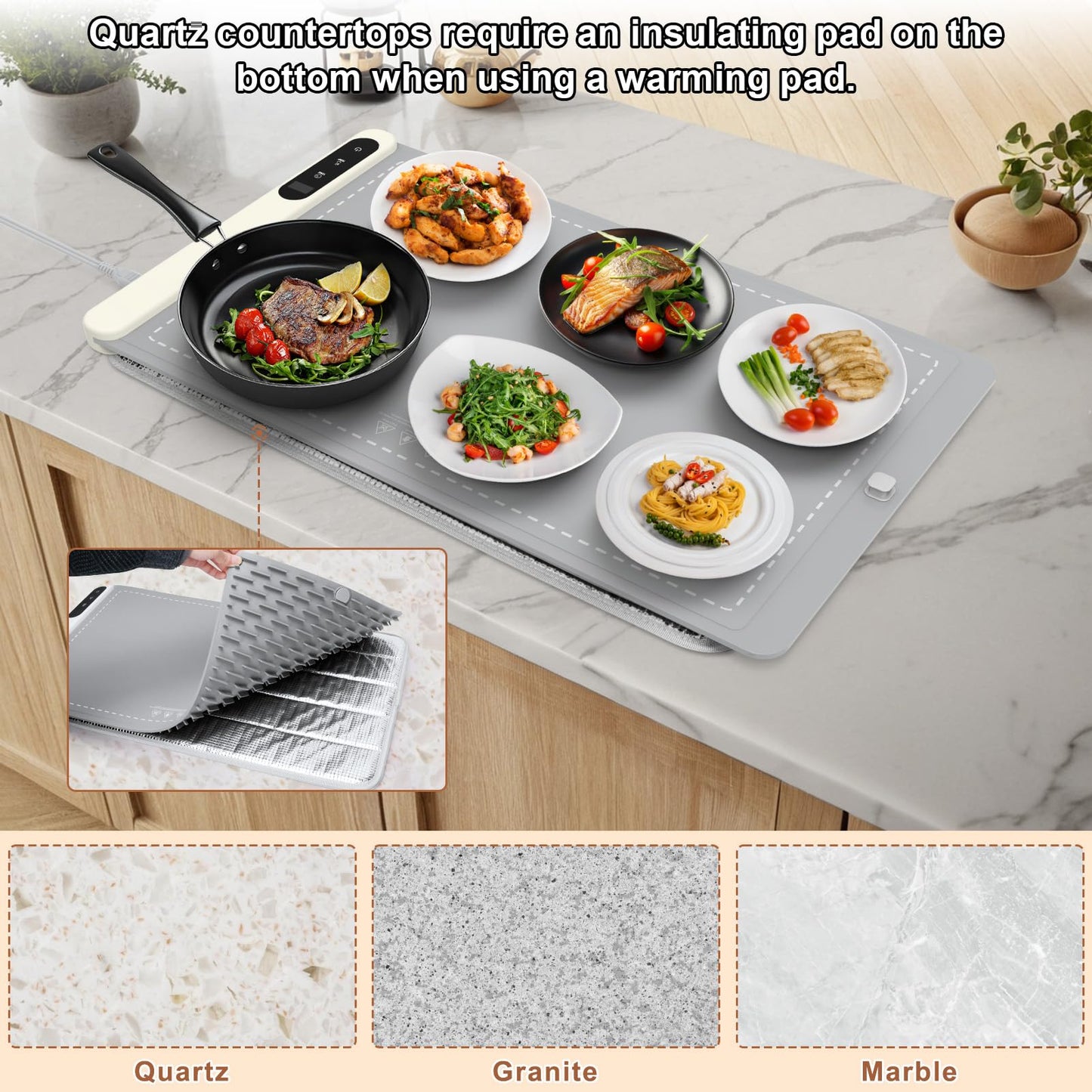 FYY Warming Mat for Food - Rapid and Full Surface Heating, 6 Temp Settings, 6H Timer, Rollable Portable Food Warming Mat, Ideal for Gatherings, Parties, Keep Meal Warm (X Large Size, Gray)