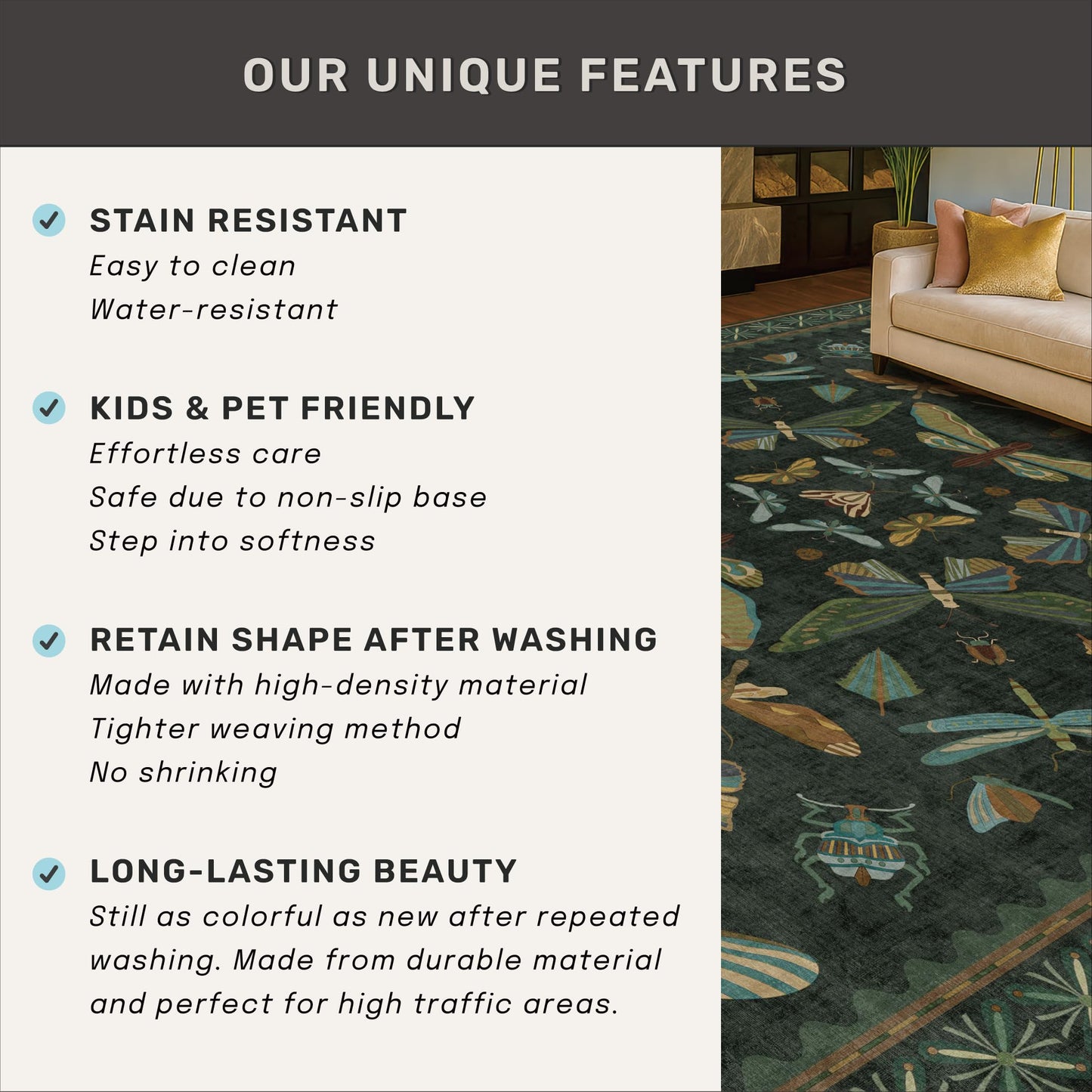 Hazo Haus Dark Green Insect Area Rugs 8x10 for Living Room, Dining Room Under Table, Bedroom, Unique Washable Floral Non Slip Low Pile Soft Rug