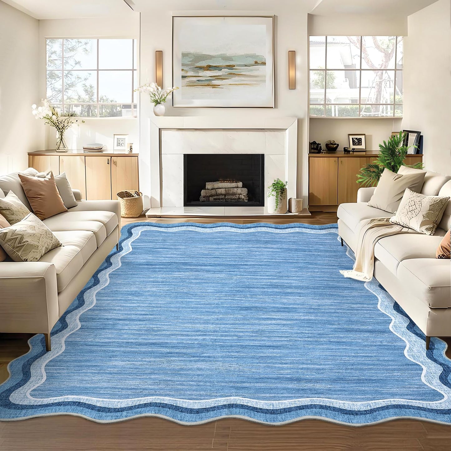 GarveeHome Scalloped Washable 8x10 Rugs for Living Room Bedroom Large Scalloped Solid Rug Non-Slip Stain Resistant Carpet Easy Clean Kids&Pet Friendly Carpet for Nursery Dining Room Table Dorm Blue