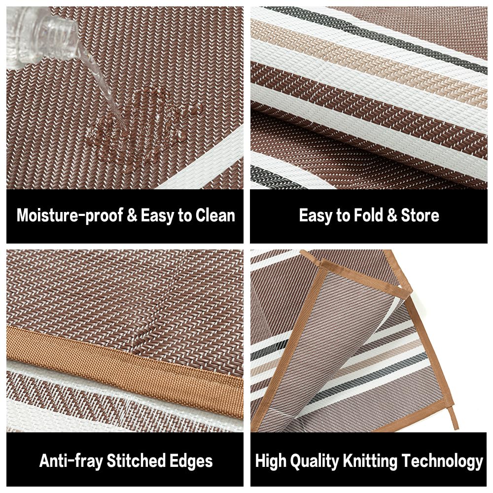 PureCozy Outdoor Waterproof 5x8 Rug for Patio Reversible Plastic Straw Brown Striped Camping Mat Outside Lightweight Large Floor Mat for RV Deck Beach Balcony Picnic Backyard Entry Porch