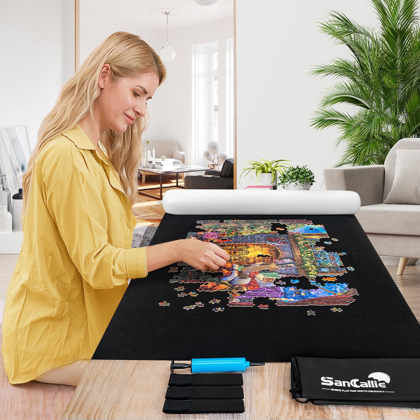 Sancallie Jigsaw Puzzle Mat Roll Up, 51"x34" Jigsaw Storage Felt Mat, Jigroll up to 2,000 Pieces, Gift Box with Drawstring Storage Bag, 3 Elastic Band, Hand Pump, Portable Puzzle mat