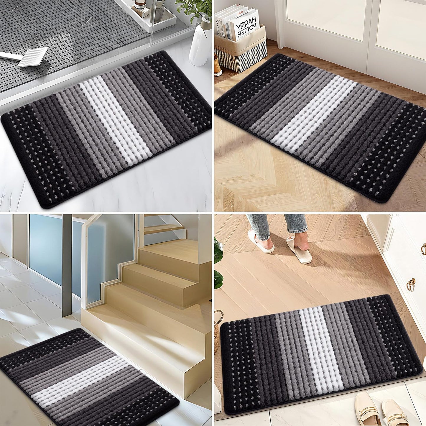 Kitinjoy Indoor Outdoor Door Mat, 59x36 Non-Slip Absorbent Dirt Trapper, Low-Profile Washable Inside Entrance Front Floor Mat, Sturdy Soft Entry Dotted Ombre Doormats for Entryway, Black