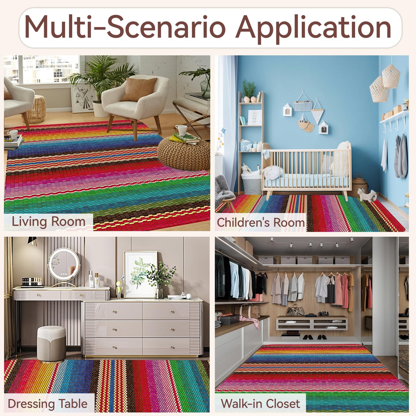 Mexican Ethnic Rug for Living Room 5x7,Boho Rainbow Stripes Machine Washable Area Rug Soft Stain Resistant Floor Large Carpet for Bedroom,Farmhouse,Dining Room,Kids Playroom
