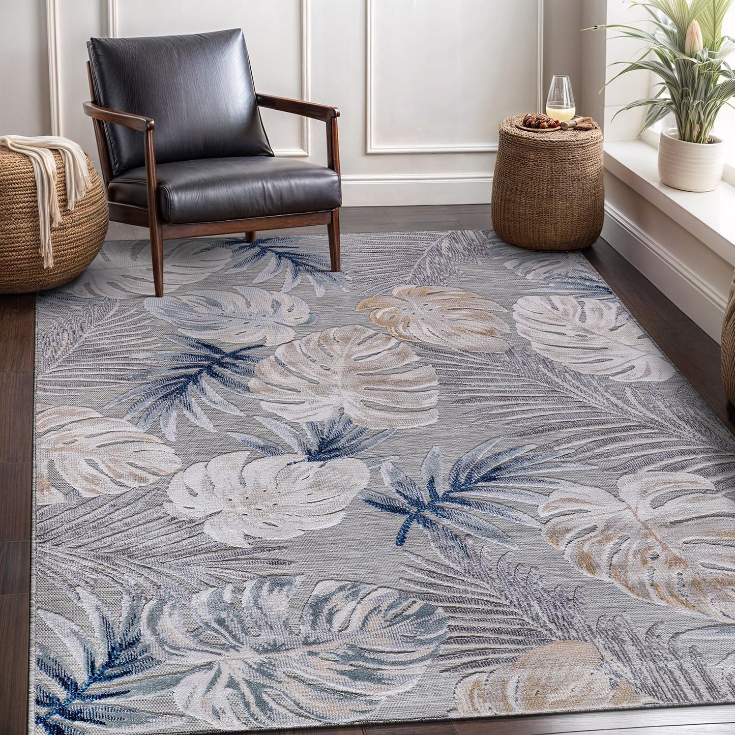 CAMILSON Indoor Outdoor Rug, Blue 5x7 Leaf Tropical Botanical Area Rugs for Indoor and Outdoor patios, Easy-Cleaning Non-Shedding Living Room, Garden and Kitchen Washable Outside Carpet (5 x 7)