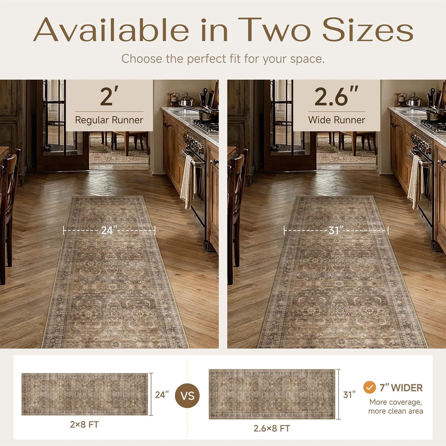 HUGEAR 2x8 Runner Rug Hallway Vintage Brown Machine Washable Retro Floral Low Pile Carpet Vacuumable Distressed Long Throw Rug Bedroom Office Bathroom Kitchen Laundry Non Slip Soft Lightweight