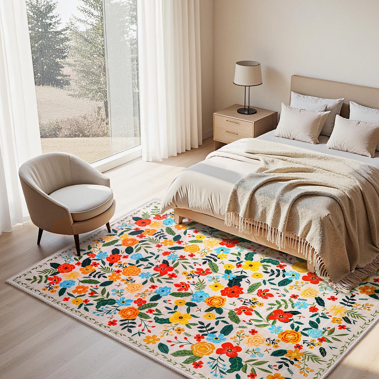 Joiedomi 5'x7' Area Rugs for Living Room Non-Slip Washable Rug with Rubber Backing Large Soft Boho Floral Carpet for Bedroom Kids Nursery Dining Room (Beige)