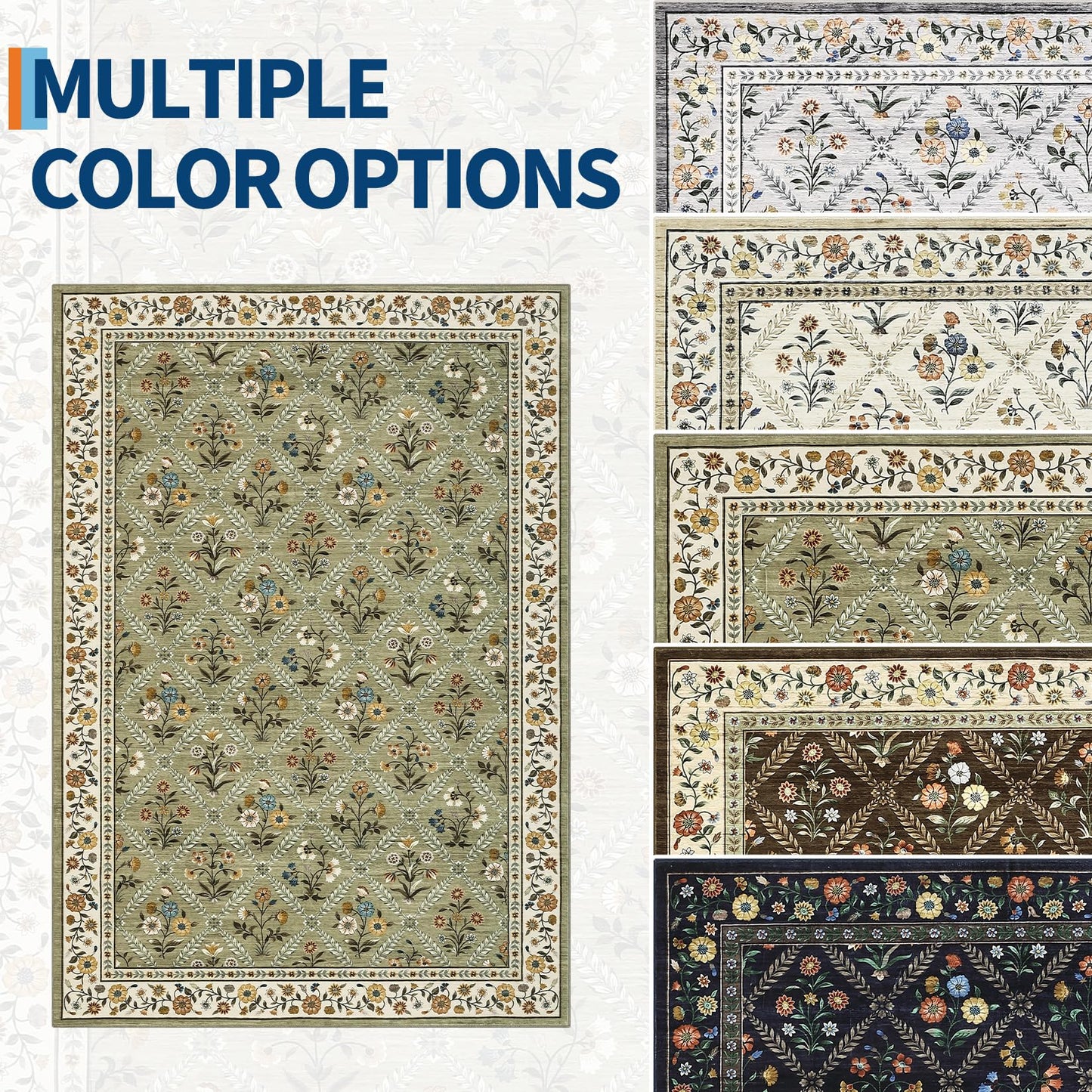 GarveeHome Living Room Rug 5x7 Rug Machine Washable Stain Resistant Area Rug Non Slip Floral Vintage Low Pile Rugs for Living Room, Bedroom, Farmhouse, Dining Room, Kids PlayroomGreen