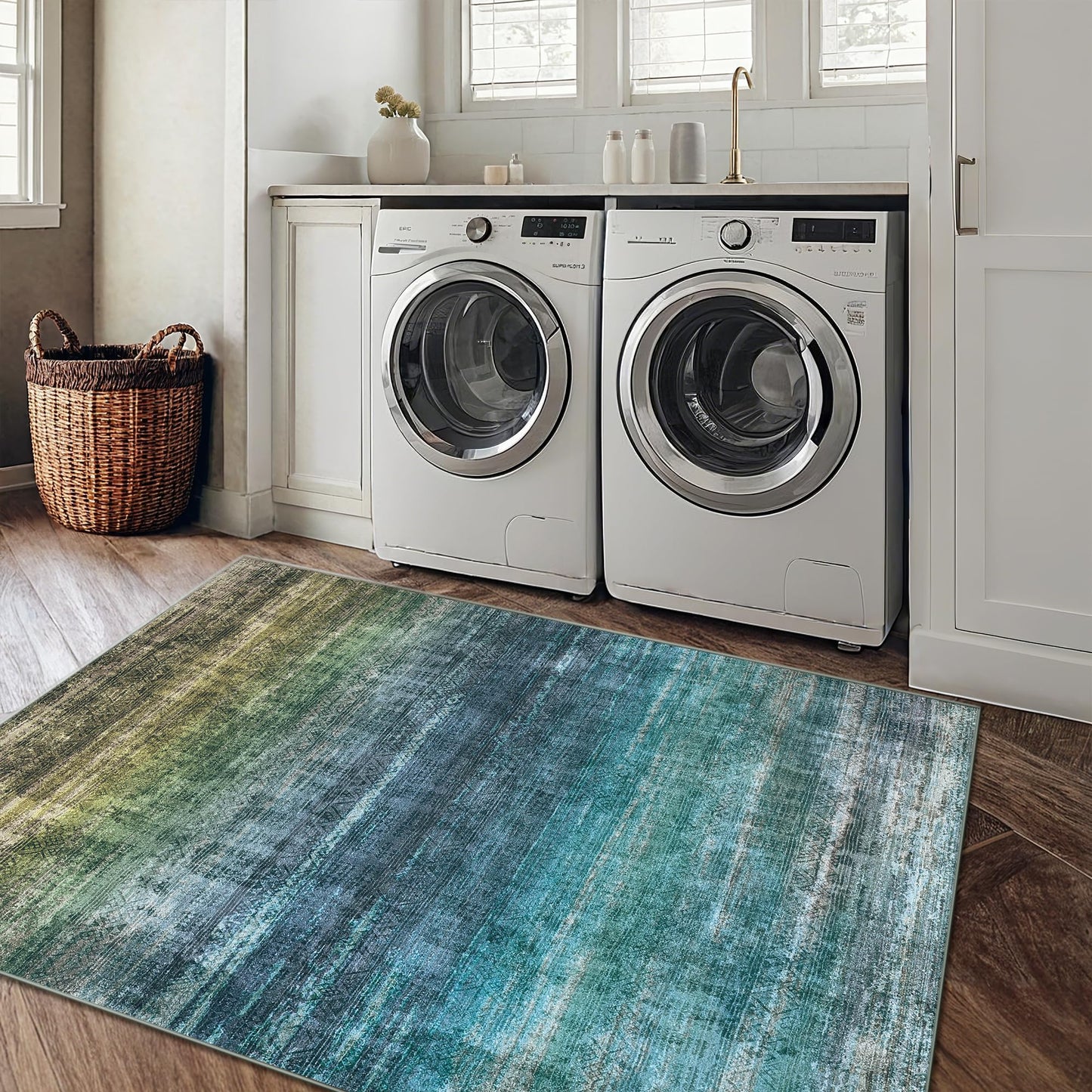 Kokia Abstract Teal Area Rug Living Room 5x7 Colorful Washable Large Rug Bedroom Living Room Under Dining Table Soft Non Slip Stain Resistant Carpet Room Decor, Blue and Green