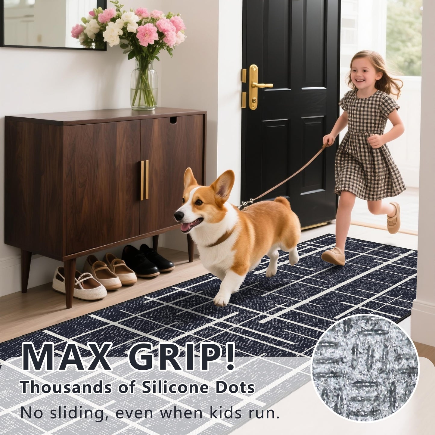 TTelephant 3x5 Washable Rug, Modern Distressed Stripe, Small Area Rug Non Slip, Woven Thin No Shed Office Chair Friendly Runners for Entryway, Kitchen, Home Office, Studio - Midnight Black