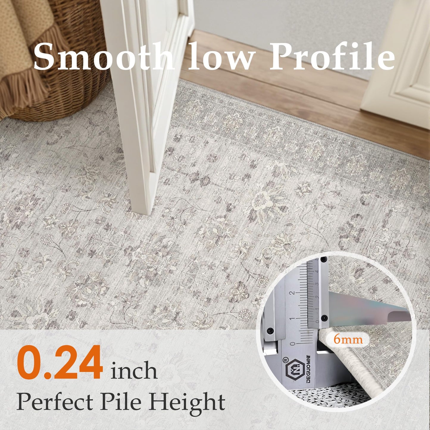 PureCozy 8x10 Living Room Area Rug Gray Washable Vintage Carpet Non Slip Low Pile Bedroom Traditional Distressed Large Throw Retro Grey Rug for Dining Room Home Office