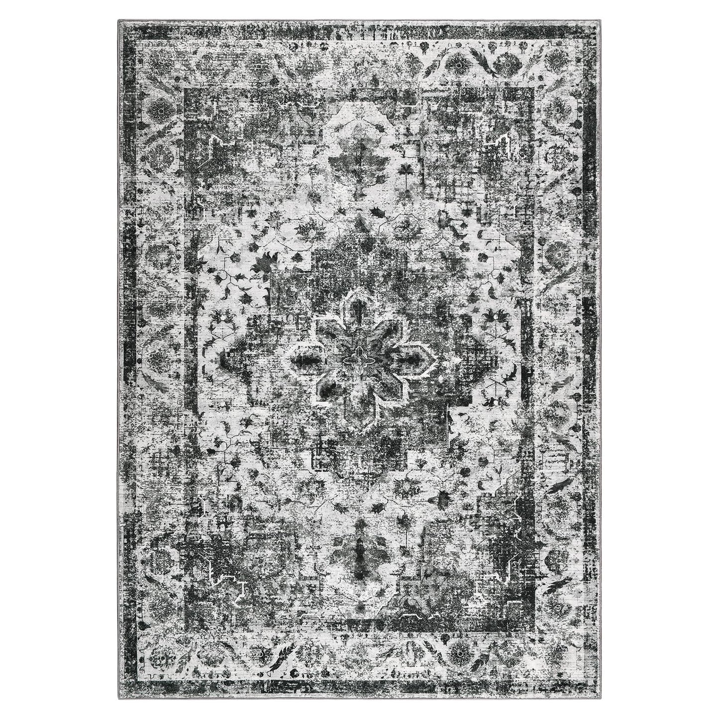 YOH Boho Washable Rug 8x10, Black Vintage Non Slip Area Rug, Distressed Indoor Carpet for Living Room Bedroom Kitchen Office