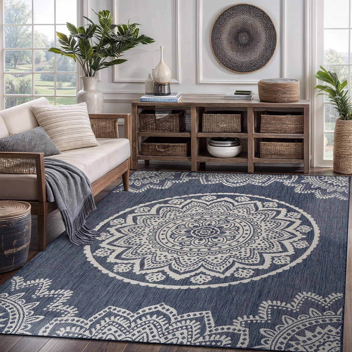 CAMILSON Outdoor Rug 5x7 Modern Area Rugs for Indoor and Outdoor Patios and Porches - Waterproof, Washable, Non-Shedding, Easy-to-Clean Outside Carpet (5 x 7, Medallion - Blue/White)