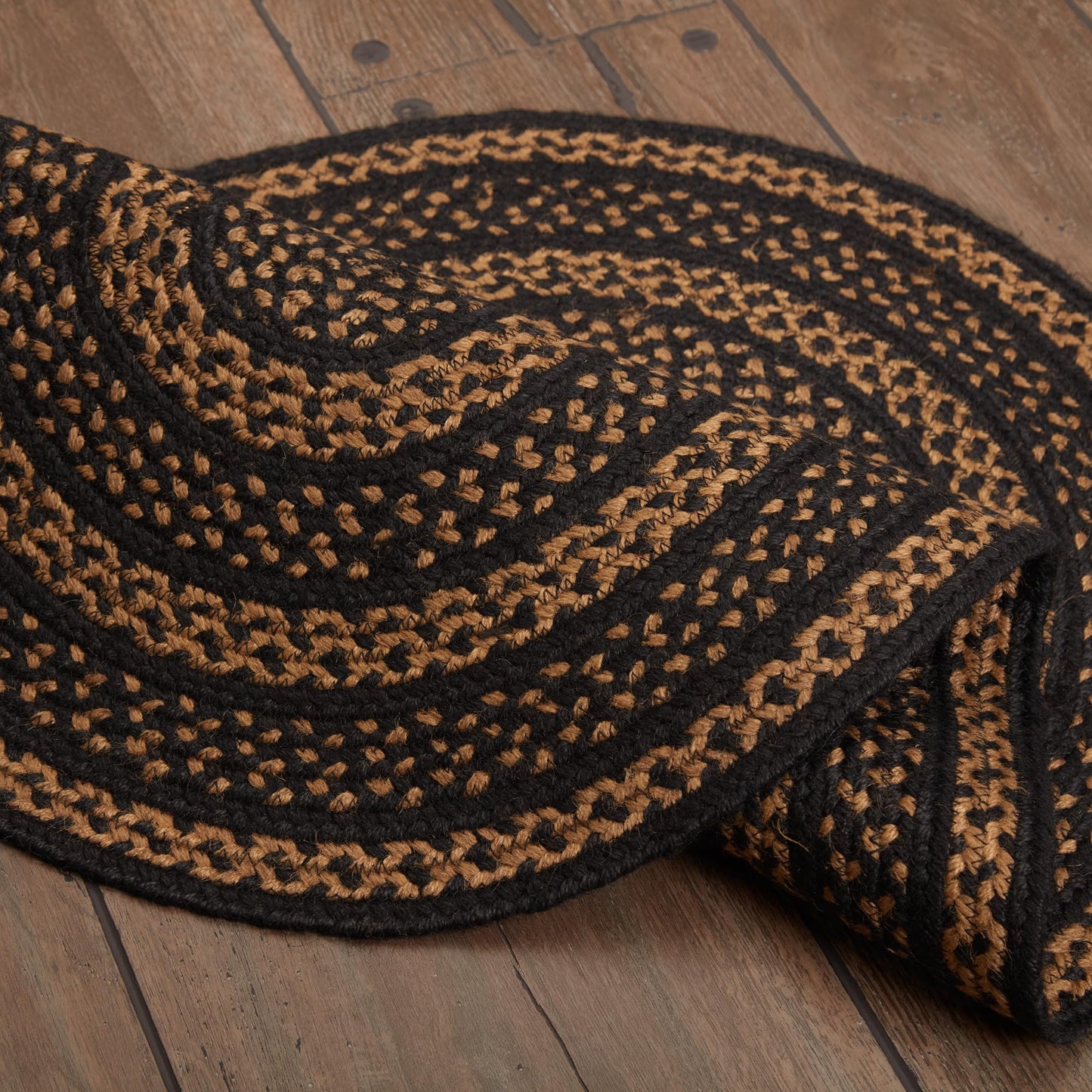VHC Brands Farmhouse Primitive Jute Black Striped Accent Rug Oval w/Floor Pad 24"x36"