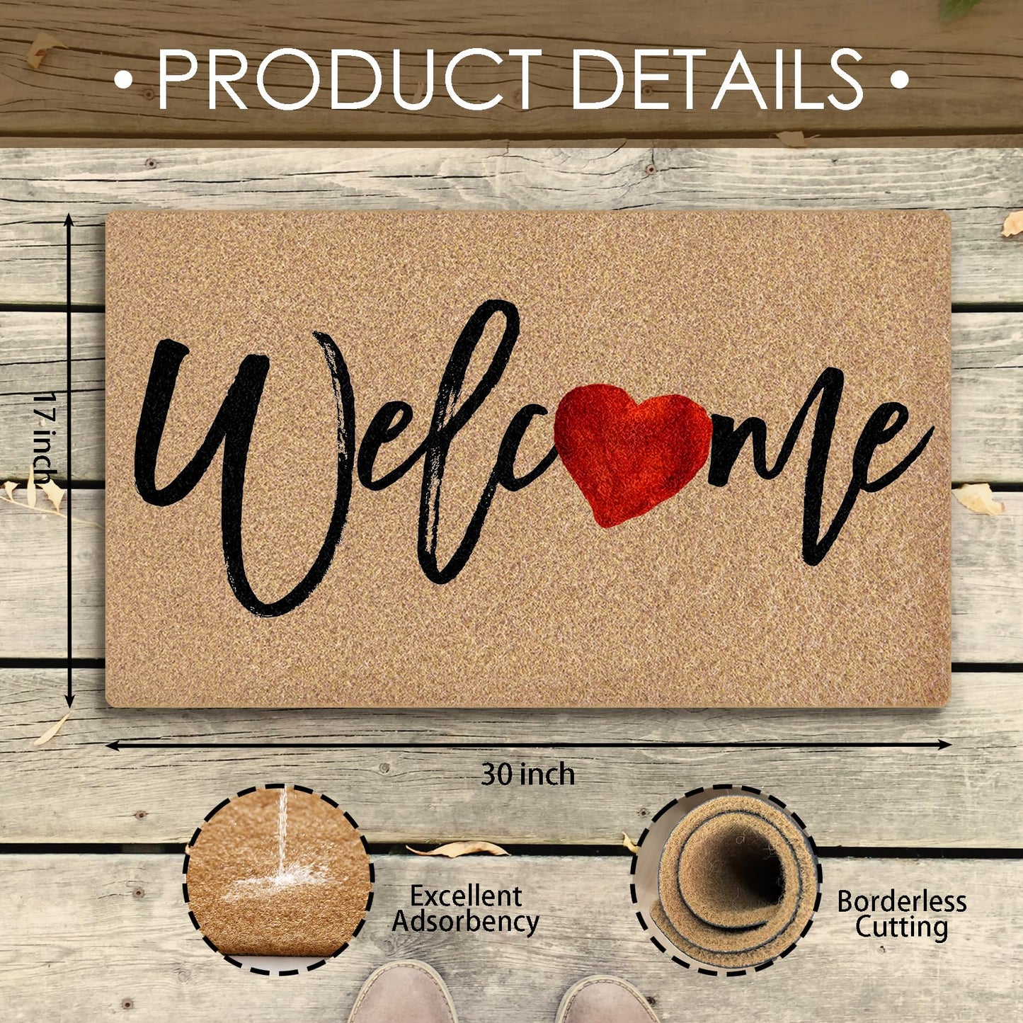 BitKAM Welcome Love Heart Coco Coir Doormat Door Welcome Mat for Home Entrance Front Door, Valentine Love-Heart Anniversary Valentine's Day Floor Mats for Outdoor Outside Entryway 30x17 Inch