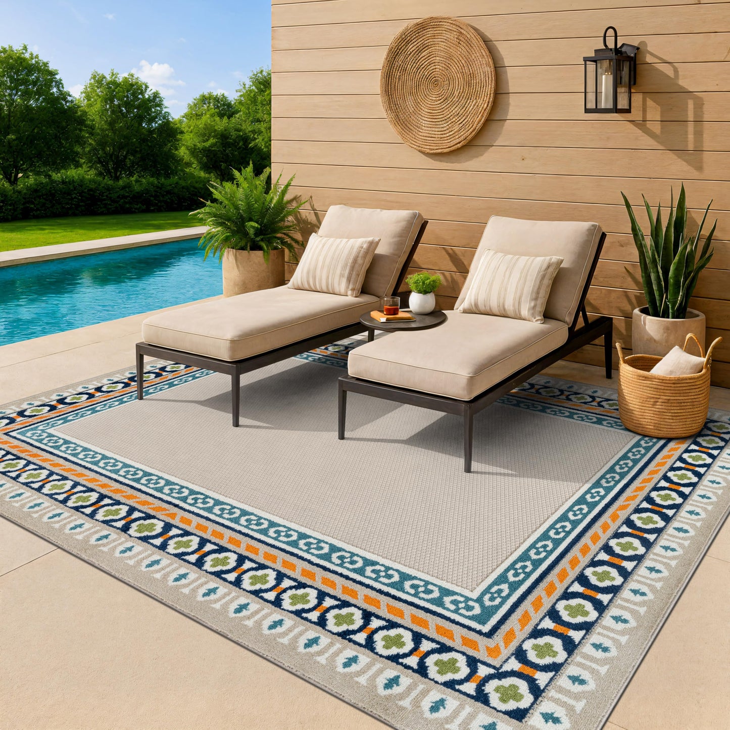 Rugshop Indoor/Outdoor High-Low Textured Area Rug, Coastal Border, Easy-Clean Patio Rug for Porch Deck Balcony 6' 6" x 9' Multi