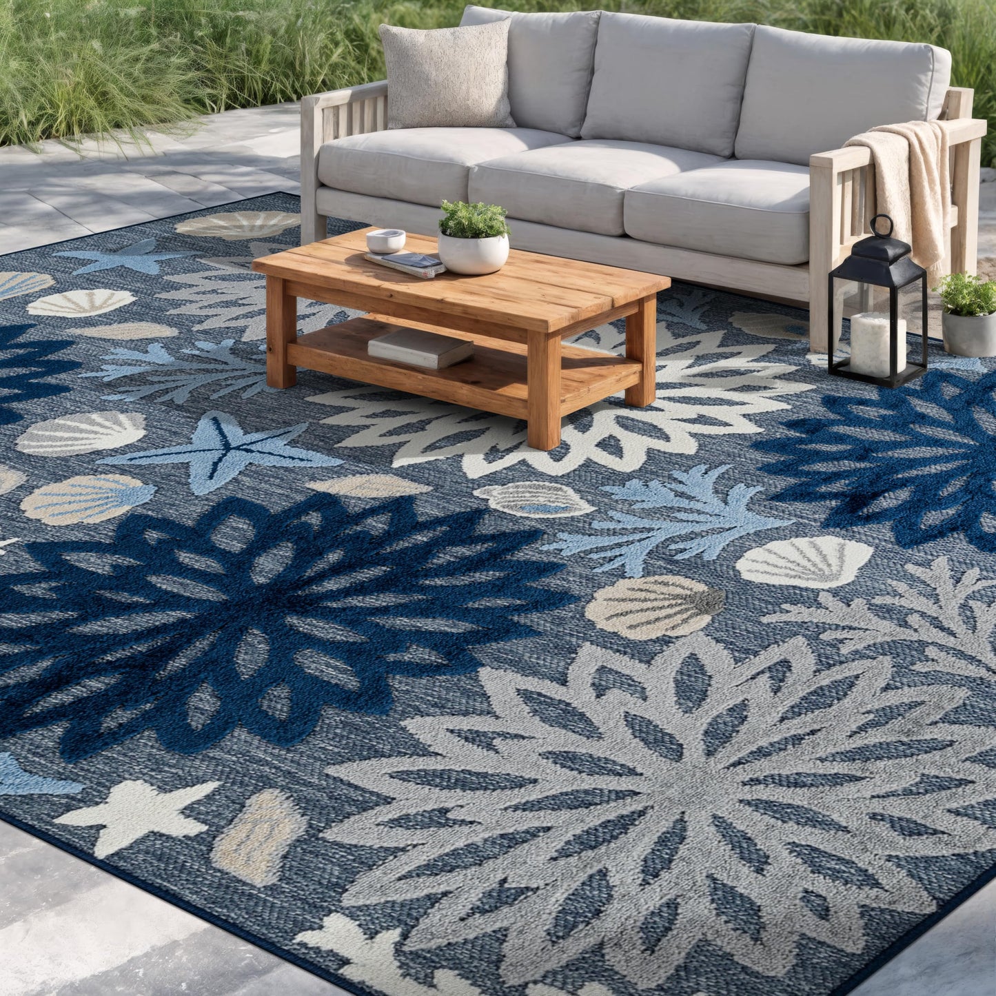 Rugshop Indoor/Outdoor High-Low Textured Area Rug, Coastal Floral, Easy-Clean Patio Rug for Porch Deck Balcony 5' x 7' Navy