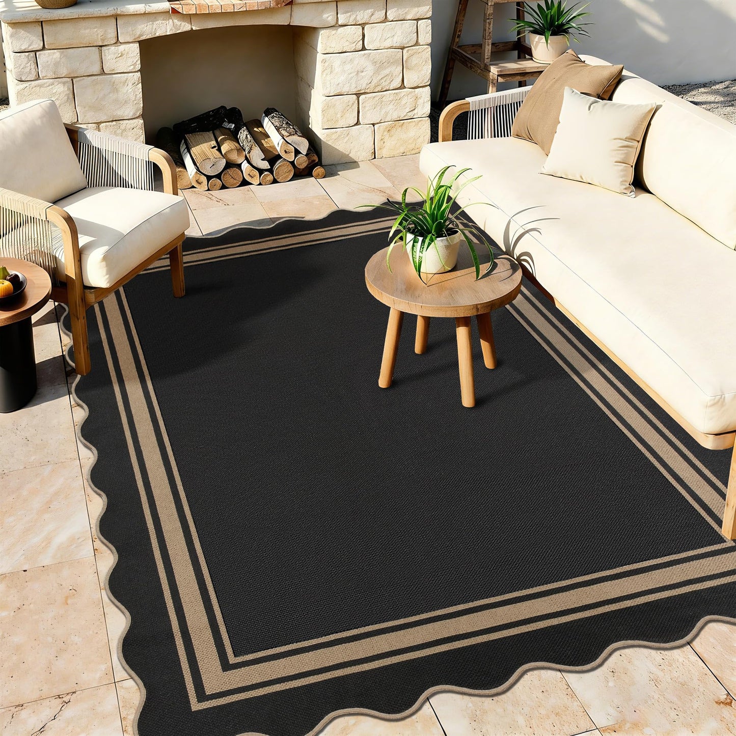 5x7 Scalloped Rug Easy Jute Washable Outdoor Patio Rug for Living Room Indoor Outdoor Black Geometric Neutral Carpet for Backyard Patio Dining Room