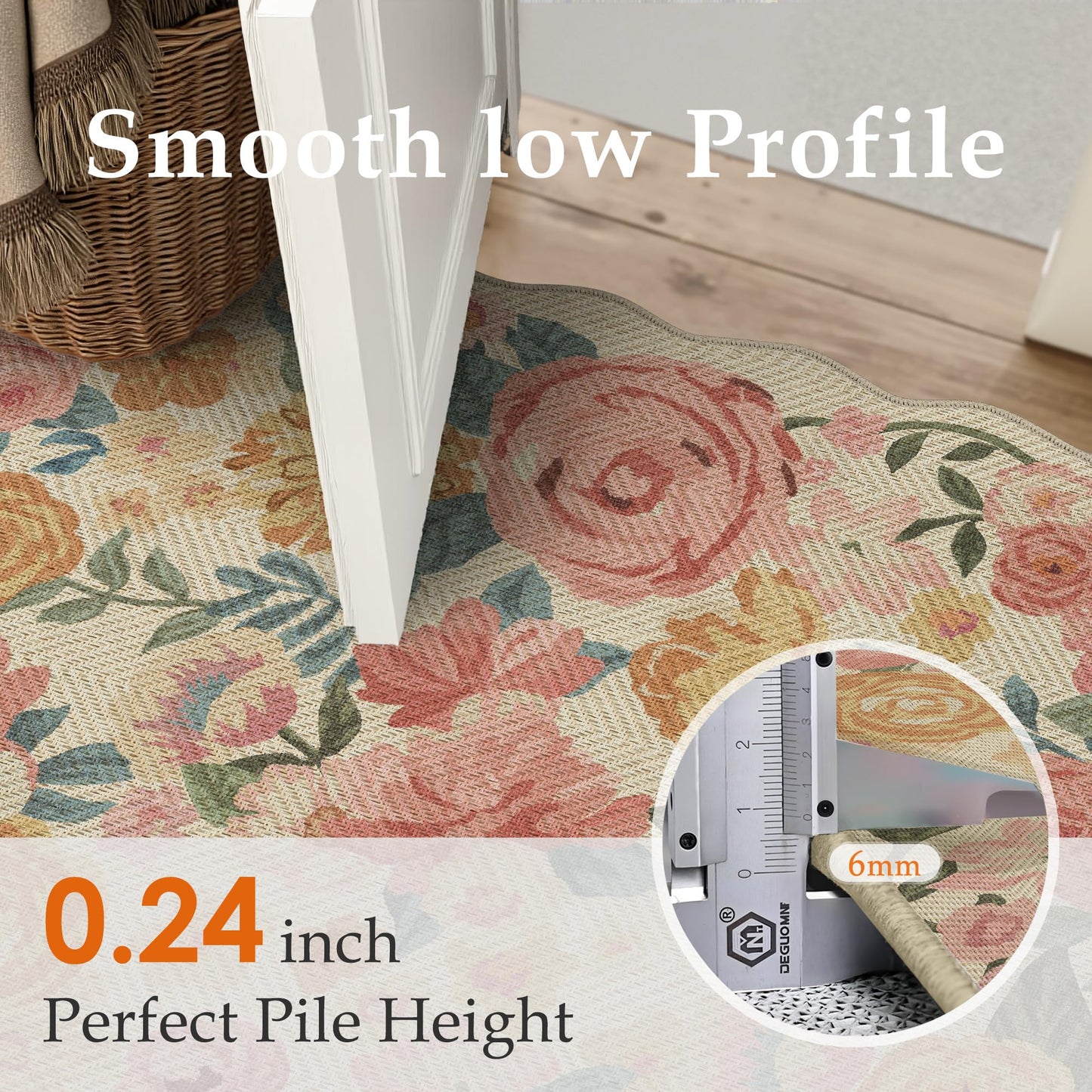 PureCozy Floral Easy Jute Rug 5x7 Beige Washable Living Room Carpet Scalloped Non Slip Indoor Office Farmhouse Non Shedding Herringbone Floor Cover for Bedroom Dining Room